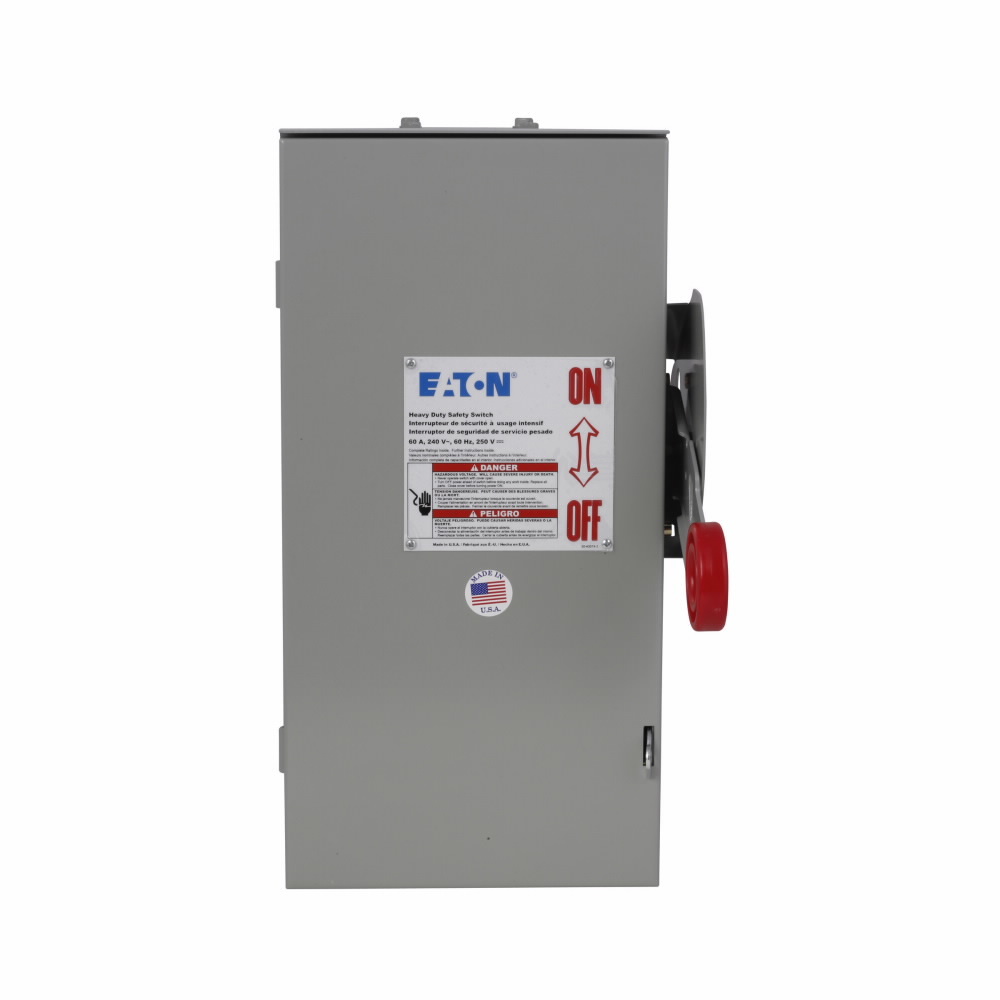 Eaton Enhanced visible blade single-throw safety switch, 30 A, NEMA 3R, Painted galvanized steel, Class H, Fusible without neutral, Three-pole, Three-wire, 240 V, Max Hp: 1.5, 3/ 3, 7.5/ 5 hp (1,3PH @Std/TD, 250 Vdc), #14-#2 Cu/Al