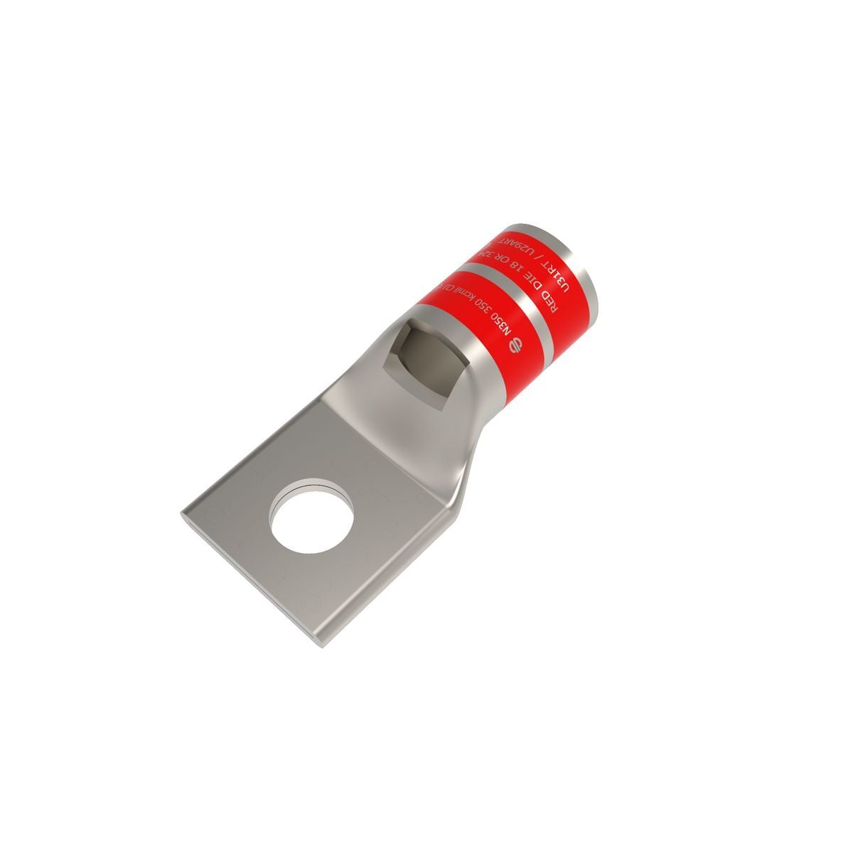 350 kcmil CU, One Hole, 3/8 Stud Size, Standard Barrel, Inspection Window, Internal Chamfer, Tin Plated, UL/CSA 90? Up to 35kV, RED Color Code, 18 or 324 Die Index.