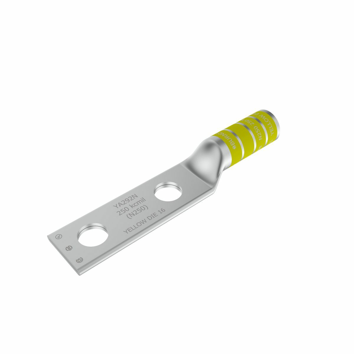 250 kcmil CU, Two Hole, 3/8 Stud Size, 1 Hole Spacing, Long Barrel Internal Chamfer, Tin Plated, UL/CSA, 90?C, Up to 35kV, Yellow Color Code, 16 Die Index.
