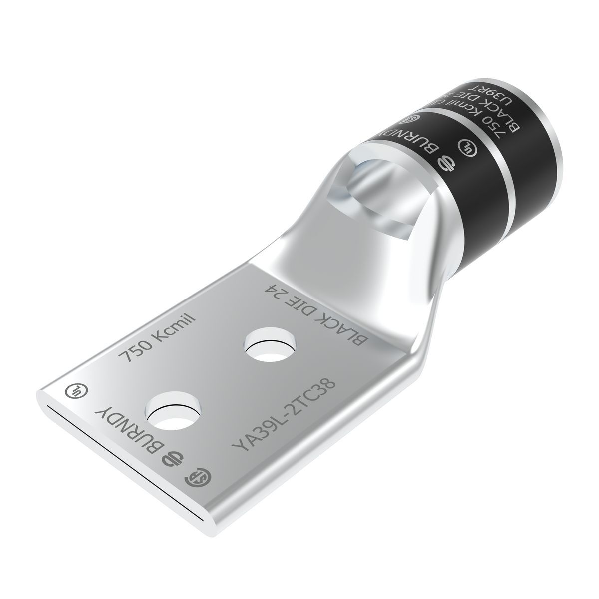 750 kcmil CU, Two Hole, 3/8 Stud Size, 1 Hole Spacing, Standard Barrel, Inspection Window, Internal Chamfer, Tin Plated, UL/CSA, 90?C, Up to 35kV, Black Color Code, 24 Die Index.
