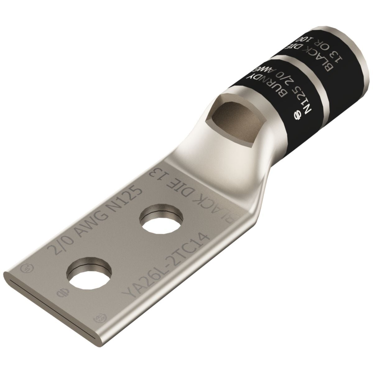 2/0 AWG CU, Two Hole, 1/4 Stud Size, 5/8 Hole Spacing, Standard Barrel, Inspection Window, Internal Chamfer, Tin Plated, UL/CSA, 90?C, Up to 35kV, Black Color Code, 13 Die Index.