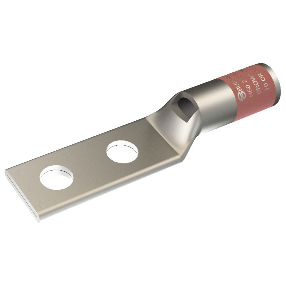 2 AWG CU, Two Hole, 3/8 Stud Size, 1 Hole Spacing, Standard Barrel, Inspection Window, Internal Chamfer, Tin Plated, UL/CSA, 90?C, Up to 35kV, Brown Color Code, 10 Die Index.