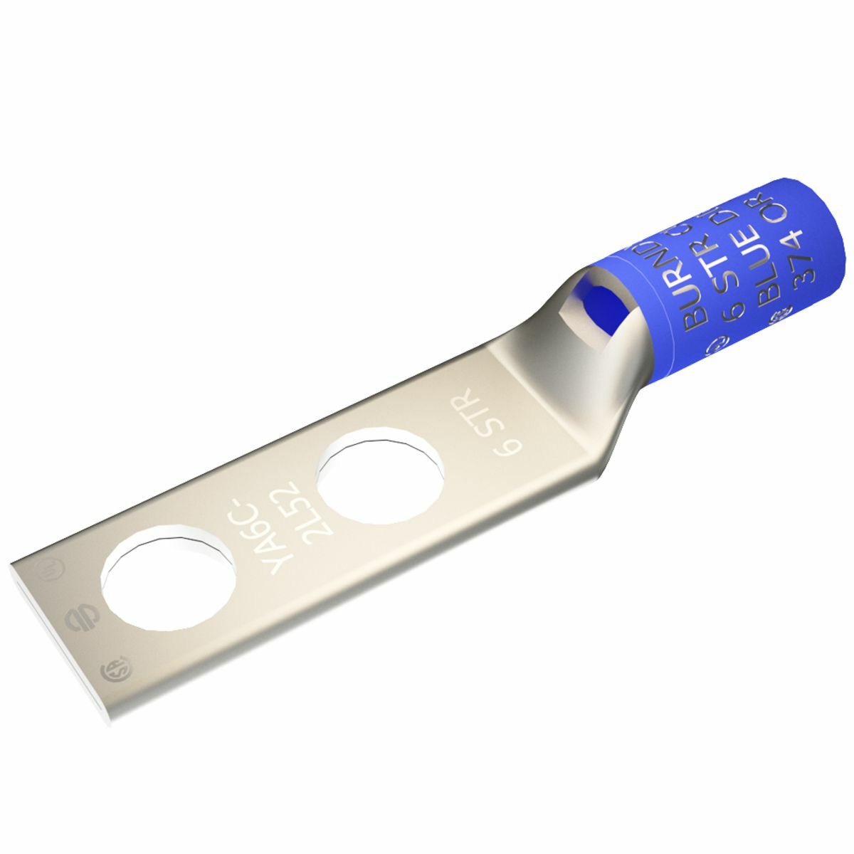 6 AWG CU, Two Hole, 1/4 Stud Size, 3/4 Hole Spacing, Standard Barrel, Inspection Window, Internal Chamfer, Tin Plated, UL/CSA, 90?C, Up to 35kV, Blue Color Code, 7 or 374 Die Index.