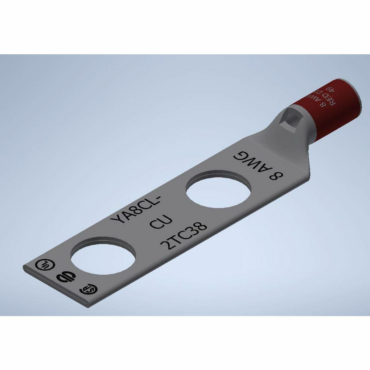 8 AWG CU, Two Hole, 3/8 Stud Size, 1 Hole Spacing, Standard Barrel, Inspection Window, Internal Chamfer, Tin Plated, UL/CSA, 90?C, Up to 35kV, Red Color Code, 49 Die Index.