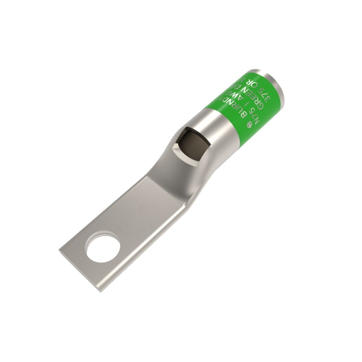 1 AWG CU, One Hole, 1/4 Standard Barrel, Inspection Window, Narrow Tongue Internal Chamfer, Tin Plated, UL/CSA, 90?C, Up to 35kV, GREEN Color Code, 11 or 375 Die Index.