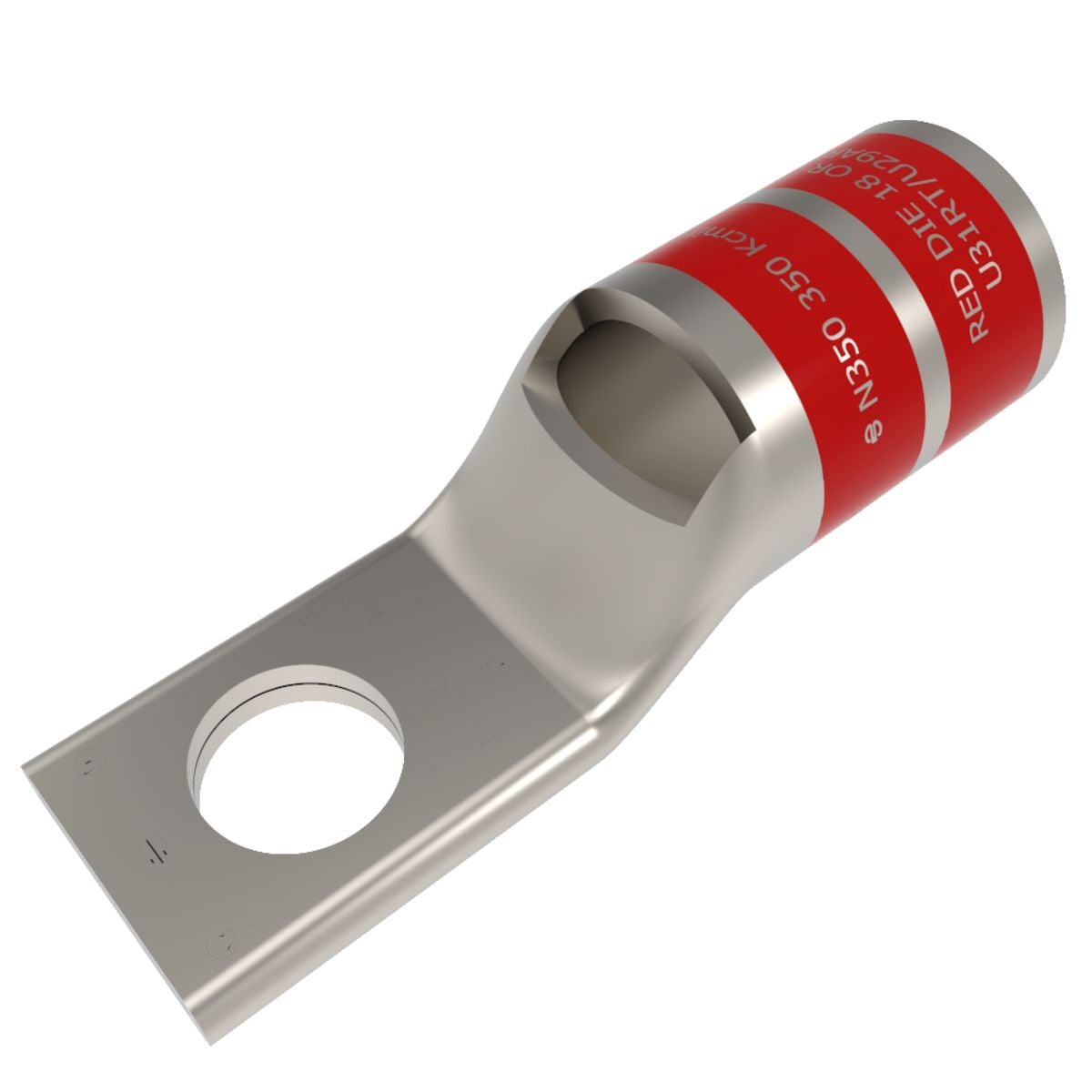 350 kcmil CU, One Hole, 3/8 Standard Barrel, Inspection Window, Narrow Tongue Internal Chamfer, Tin Plated, UL/CSA, 90?C, Up to 35kV, RED Color Code, 18 or 324 Die Index.