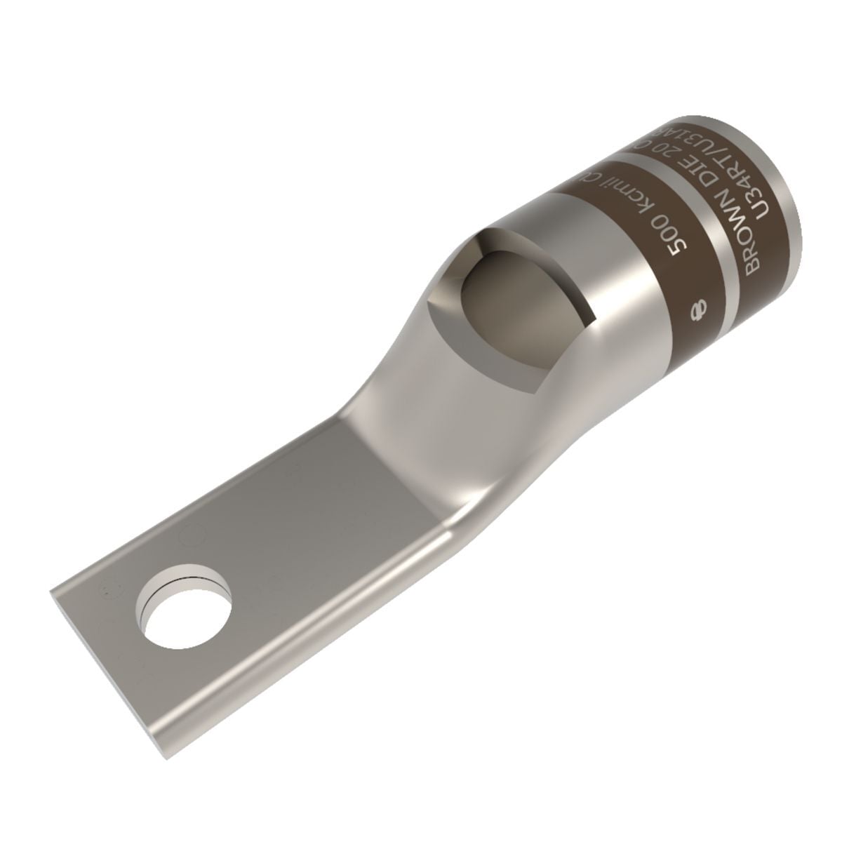 500 kcmil CU, One Hole, 3/8 Standard Barrel, Inspection Window, Narrow Tongue Internal Chamfer, Tin Plated, UL/CSA, 90?C, Up to 35kV, BROWN Color Code, 20 or 299 Die Index.