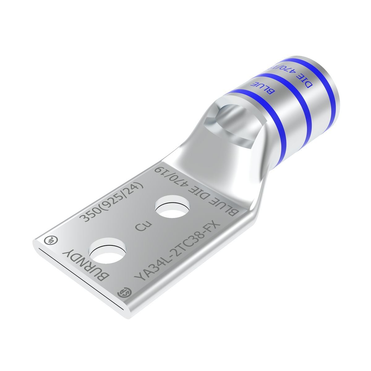 350 kcmil G,H,I,K,M,373 DLO CU, Two Hole, 3/8 Stud Size, 1 Hole Spacing, Standard Barrel, Inspection Window, Internal Chamfer, Tin Plated, UL/CSA, 90?C, Up to 35kV, Blue Color Code, 19 Die Index.