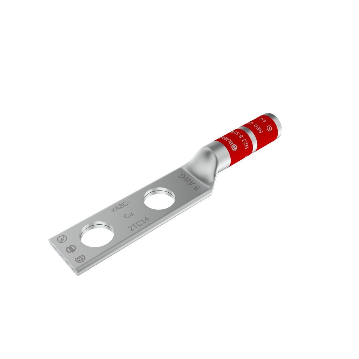 8 AWG CU, Two Hole, 1/4 Stud Size, 5/8 Hole Spacing, Long Barrel Internal Chamfer, Tin Plated, UL/CSA, 90?C, Up to 35kV, Red Color Code, 49 Die Index.