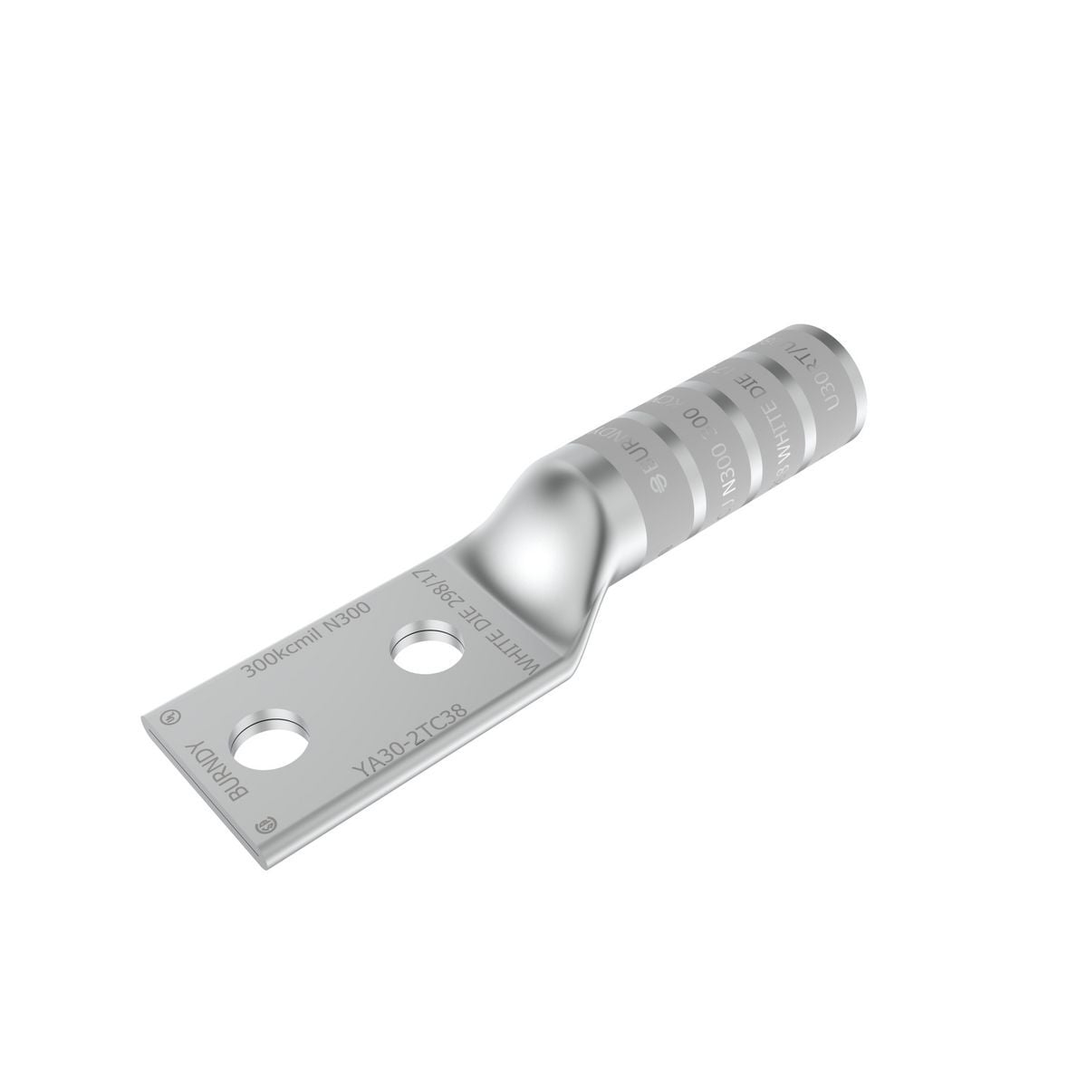 300 kcmil CU, Two Hole, 3/8 Stud Size, 1 Hole Spacing, Long Barrel Internal Chamfer, Tin Plated, UL/CSA, 90?C, Up to 35kV, White Color Code, 17 or 298 Die Index.