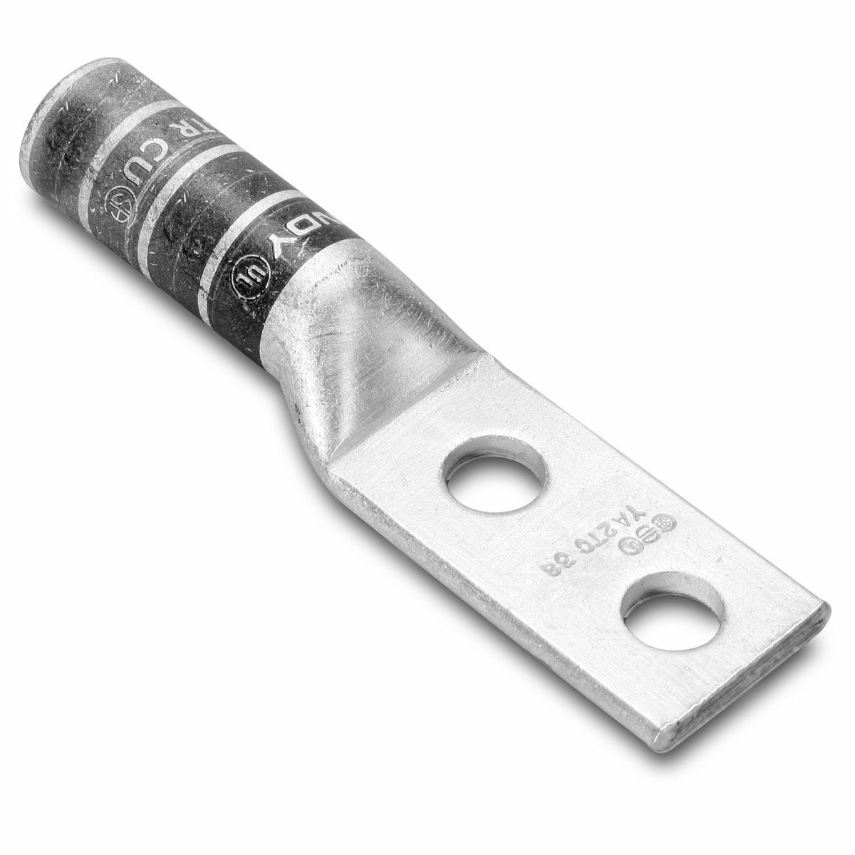 Cu Tubing Hylug, 2 Holes w/o Inspection Window, #2 AWG Code,60 Navy, 600V-35kV, 1/4" stud, Long, Compression, 0.27 in BCD, Brown.