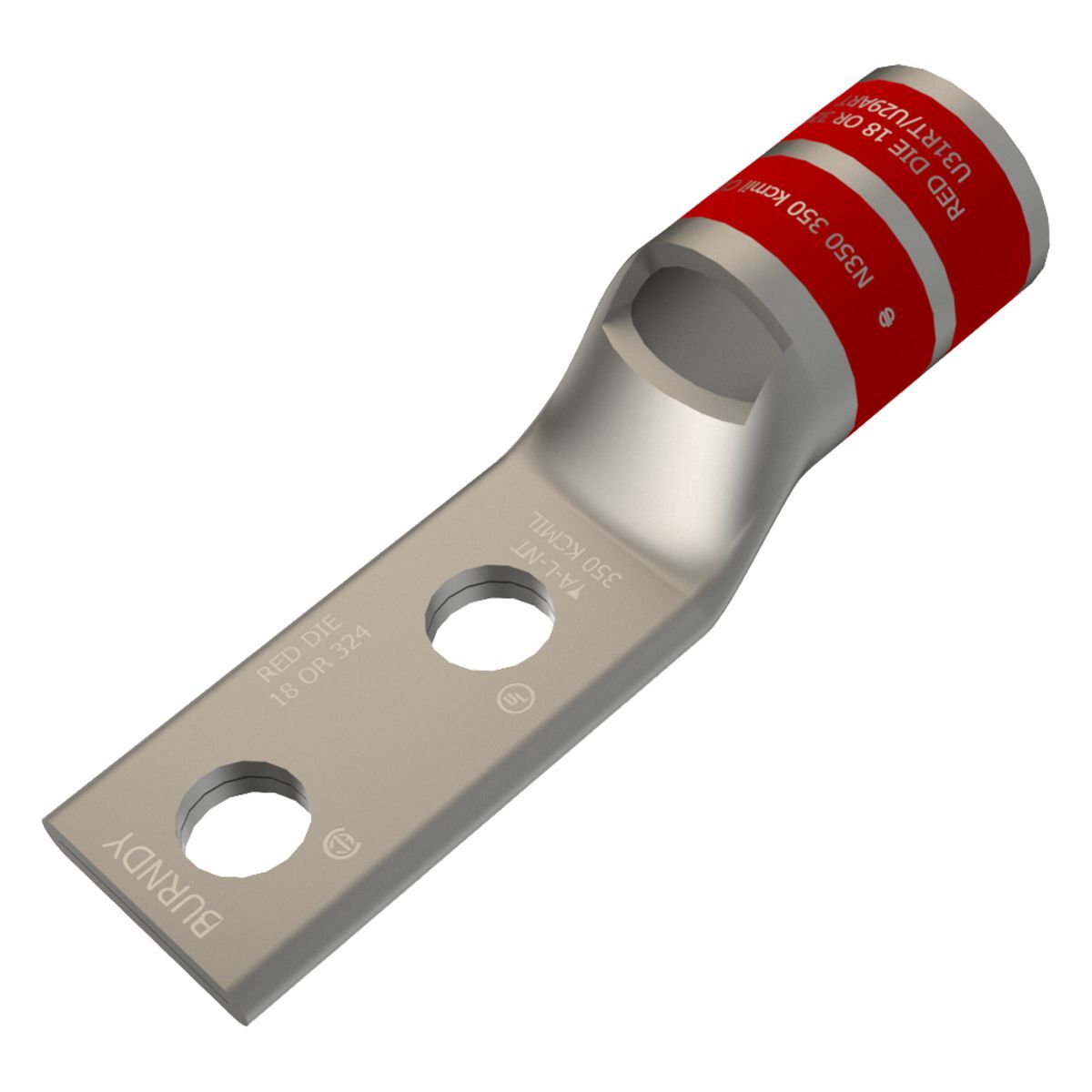 350 kcmil CU, Two Hole, 3/8 Stud Size, 1 Hole Spacing, Standard Barrel, Inspection Window, Narrow Tongue Internal Chamfer, Tin Plated, UL/CSA, 90?C, Up to 35kV, Red Color Code, 18 or 324 Die Index.