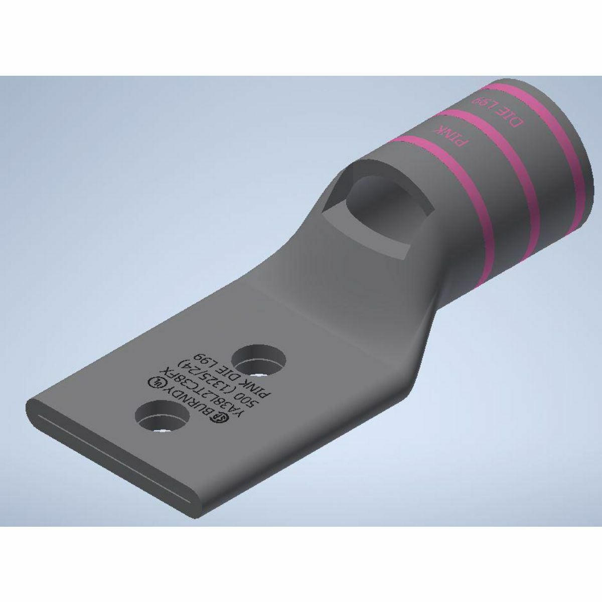 500 kcmil H,I,K / 550 kcmil G,H,I,535 DLO CU, Two Hole, 3/8 Stud Size, 1 Hole Spacing, Standard Barrel, Inspection Window, Internal Chamfer, Tin Plated, UL/CSA, 90?C, Up to 35kV, Pink Color Code, L99 Die Index.
