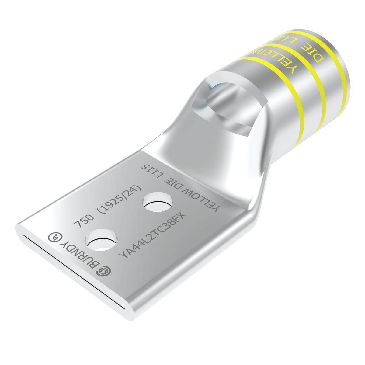 750 kcmil G,H,777 DLO CU, Two Hole, 3/8 Stud Size, 1 Hole Spacing, Standard Barrel, Inspection Window, Internal Chamfer, Tin Plated, UL/CSA, 90?C, Up to 35kV, Yellow Color Code, L115 Die Index.