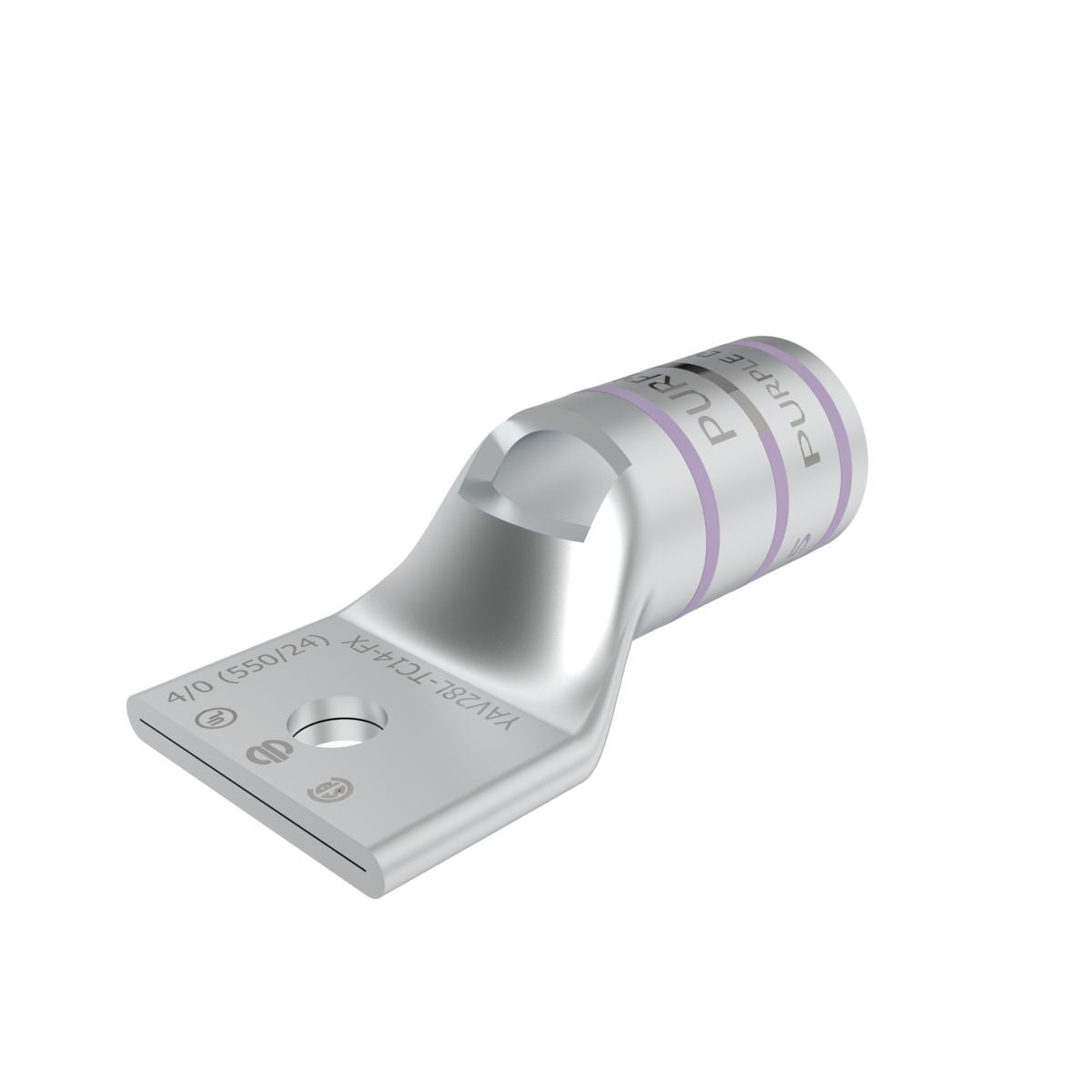 4/0 Flex G,H,I,K,M,DLO, 4/0 AWG CU, One Hole, 1/4 Stud Size,  Standard Barrel, Inspection Window Internal Chamfer, Tin Plated, UL/CSA, 90?C, Up to 35kV, Purple Color Code, 15 Die Index.