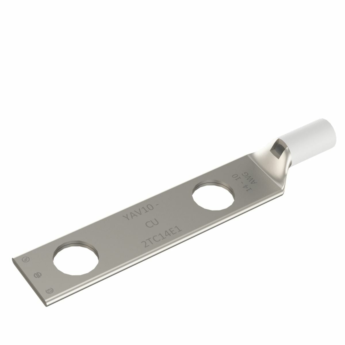 14-10 AWG - 12-10 Sol CU, Two Hole, 1/4 Stud Size, 1 Hole Spacing, Standard Barrel, Inspection Window, Internal Chamfer, Tin Plated, UL/CSA, 90?C, Up to 35kV.