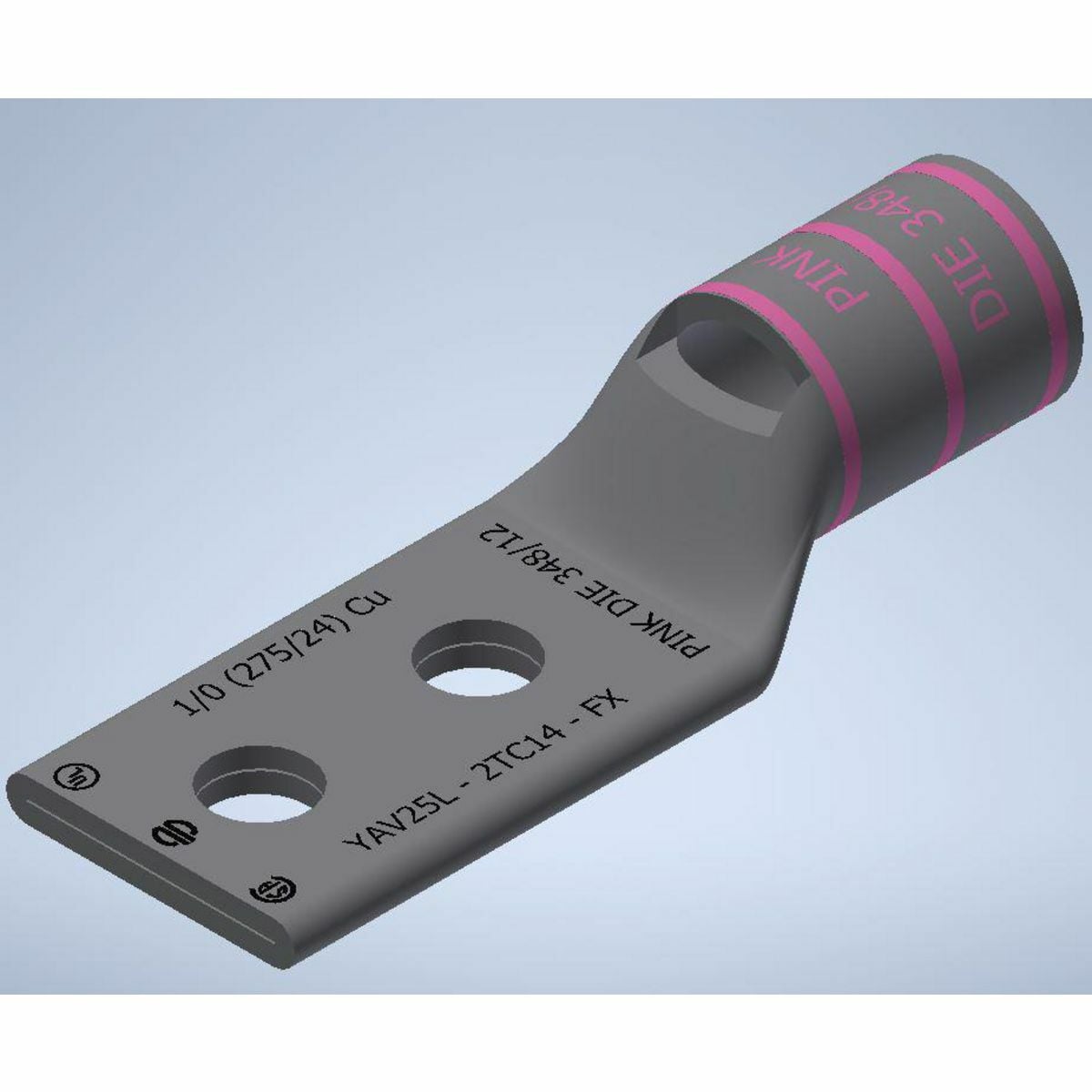 Copper Compression Lug, 2 Hole w/ Inspection Window, 1/0 Flex, 1/4" Stud , 5/8" Stud Hole Spacing, Short Barrel, Tin Plated.