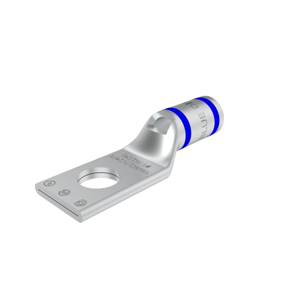 6 Flex G,H,I,K,M,DLO, 6 AWG CU, One Hole, 1/4 Stud Size,  Standard Barrel, Inspection Window Internal Chamfer, Tin Plated, UL/CSA, 90?C, Up to 35kV, Blue Color Code, 7 or 374 Die Index.