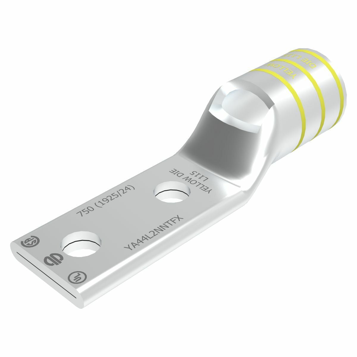 750 kcmil G,H,777 DLO CU, Two Hole, 1/2 Stud Size, 1-3/4 Hole Spacing, Standard Barrel, Inspection Window, Narrow Tongue, Internal Chamfer, Tin Plated, UL/CSA, 90?C, Up to 35kV, Yellow Color Code, L115 Die Index.