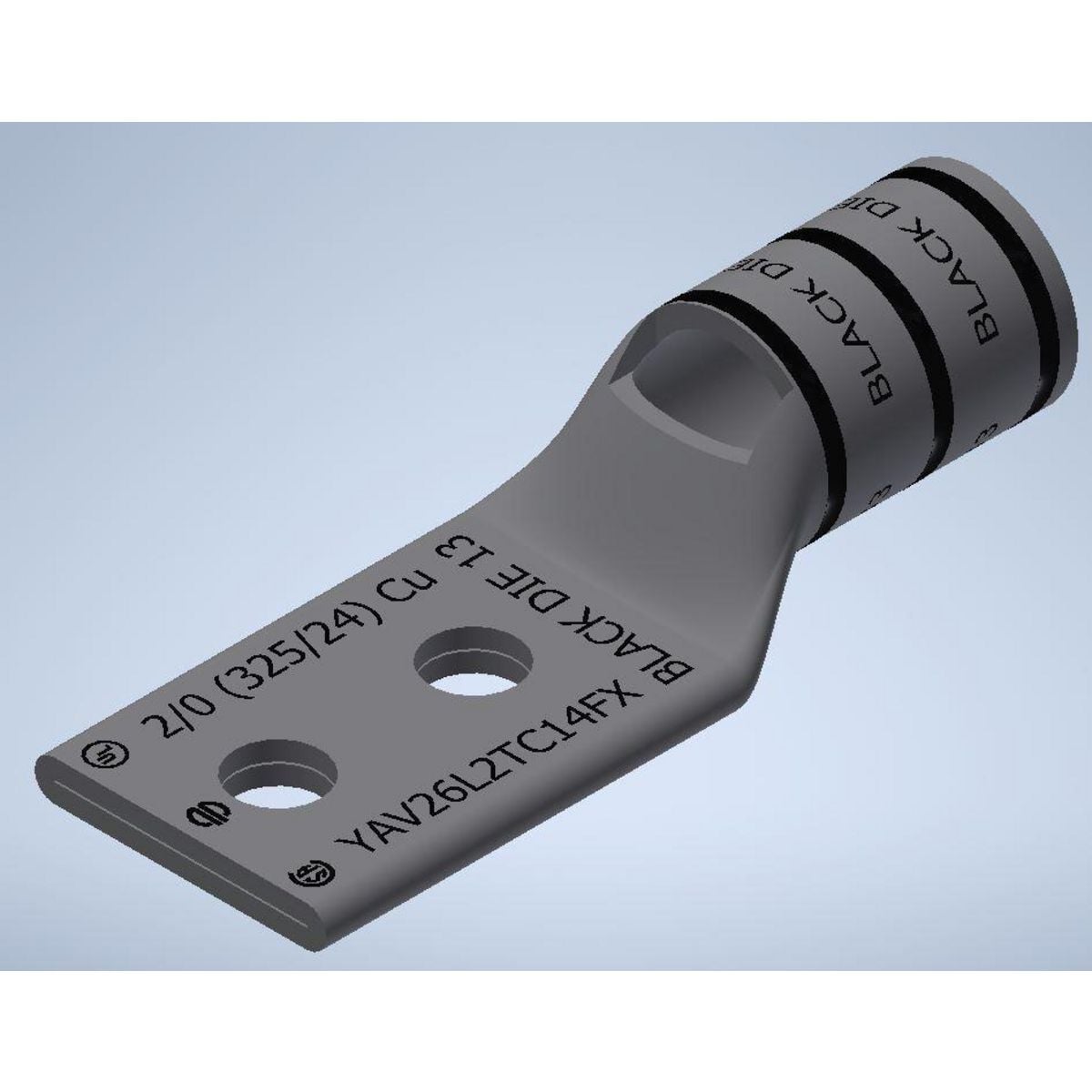 2/0 Flex G,H,I,K,M,DLO, 2/0 AWG CU, Two Hole, 1/4 Stud Size, 5/8 Hole Spacing, Standard Barrel, Inspection Window, Internal Chamfer, Tin Plated, UL/CSA, 90?C, Up to 35kV, Black Color Code, 13 Die Index.