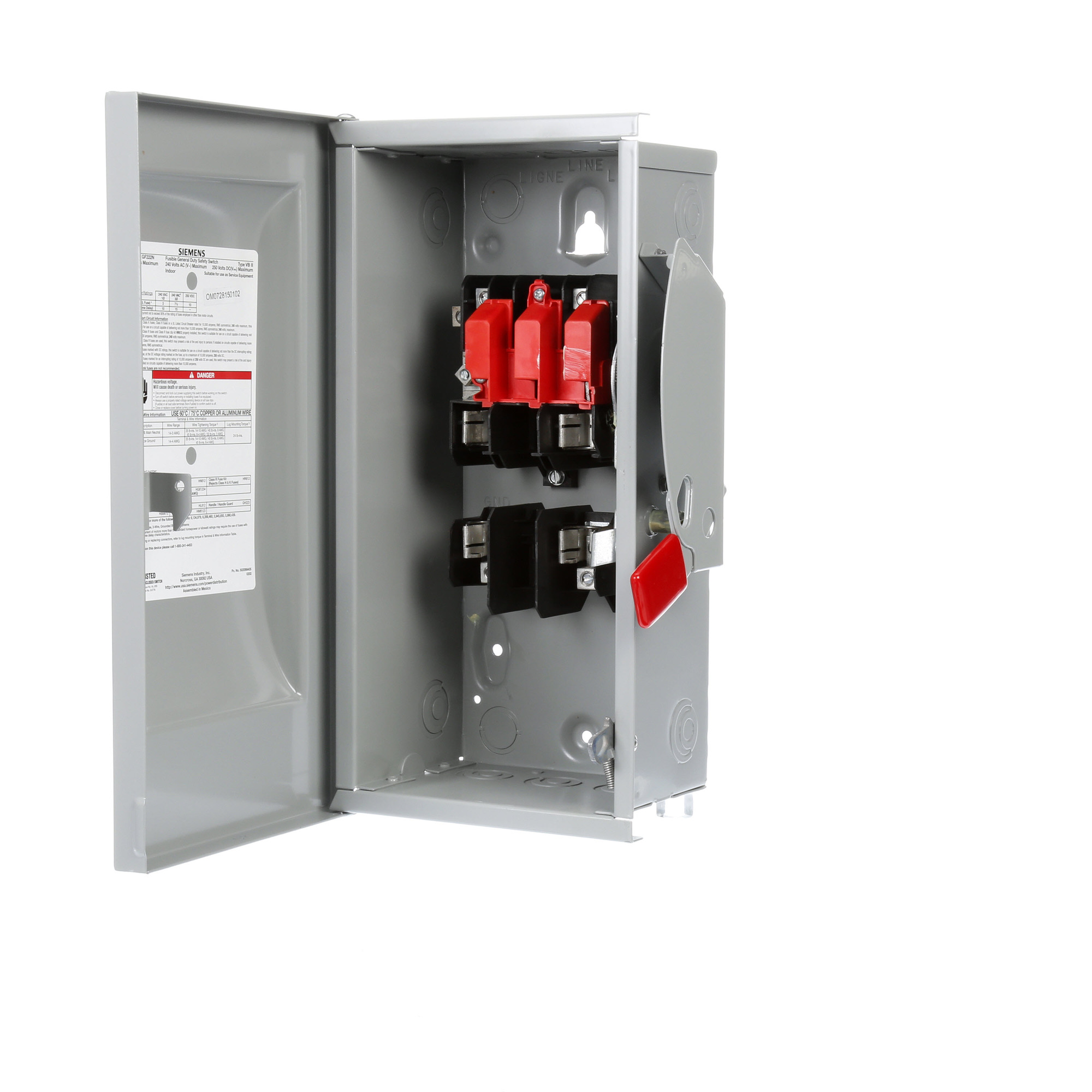  Low Voltage Circuit Protection General Duty Safety Switch. 2-Pole 2-Fuse and solid neutral Fused in a type 1 enclosure (indoor). Rated 240VAC (60A). Horse power (Std, Time delay) fused 1-PH 2-W (3, 10), 3-PH 3-W (7-1/2, 15), 250VDC(10). Special features service entrance labeled suitable for 3-PH motor loads.