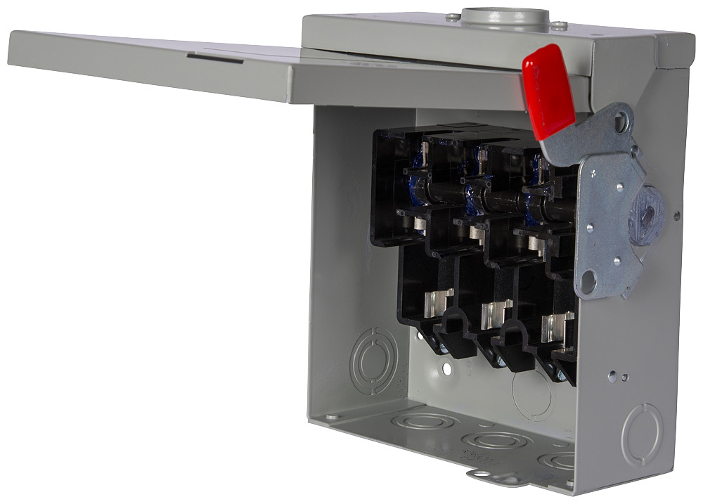  Low Voltage Circuit Protection General Duty Safety Switch. 2-Pole 2-Fuse and solid neutral Fused in a type 1 enclosure (indoor). Rated 240VAC (100A). Horse power (Std, Time delay) fused 1-PH 2-W (7-1/2, 15), 3-PH 3-W (15, 30), 250VDC (20). Special features service entrance labeled suitable for 3-PH motor loads.