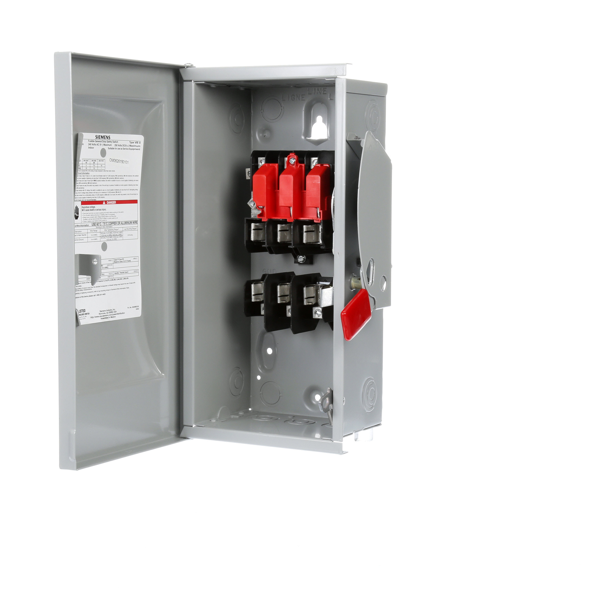  Low Voltage Circuit Protection General Duty Safety Switch. 3-Pole 3-Fuse and solid neutral Fused in a type 1 enclosure (indoor). Rated 240VAC (60A). Horse power (Std, Time delay) fused 1-PH 2-W (3, 10), 3-PH 3-W (7-1/2, 15), 250VDC(10). Special features service entrance labeled .