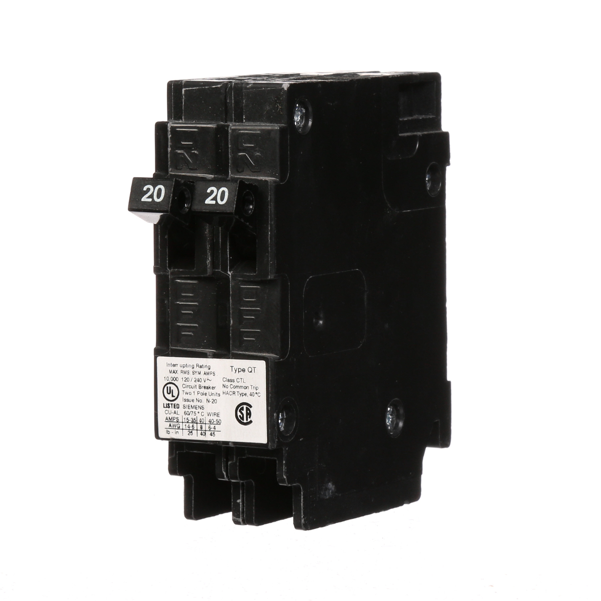  Low Voltage Residential Circuit Breakers Miniature Thermal Mag Circuit Breakers - Duplex, Triplex, Quadplex are Circuit Protection Load Center Mains, Feeders, and Miniature Circuit Breakers. Dimensions (L x W x H) IN 3 x 2 x 3. Type QT for electrical distribution applications. Meets stds UL 489. Rated 120V (20-20A). Connector plug-in 1-Pole. (AIR 10 AIC). No special features listed.