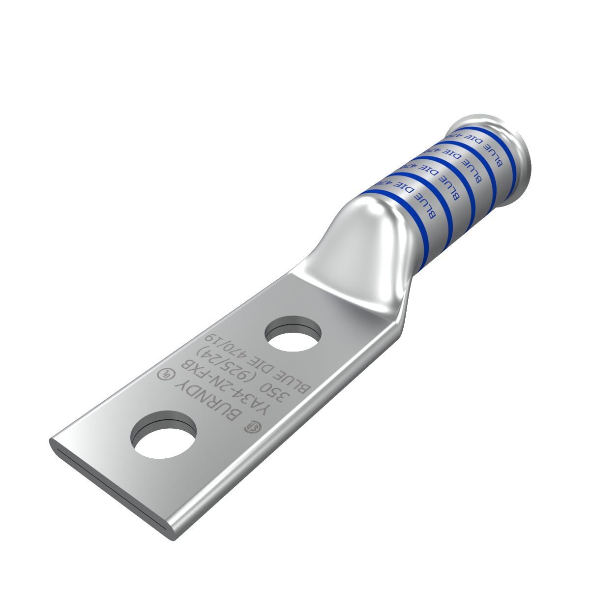 350 kcmil G,H,I,K,M,373 DLO CU, Two Hole, 1/2 Stud Size, 1-3/4 Hole Spacing, Long Barrel, Bell End, Tin Plated, UL/CSA, 90?C, Up to 35kV, Blue Color Code, 19 Die Index.