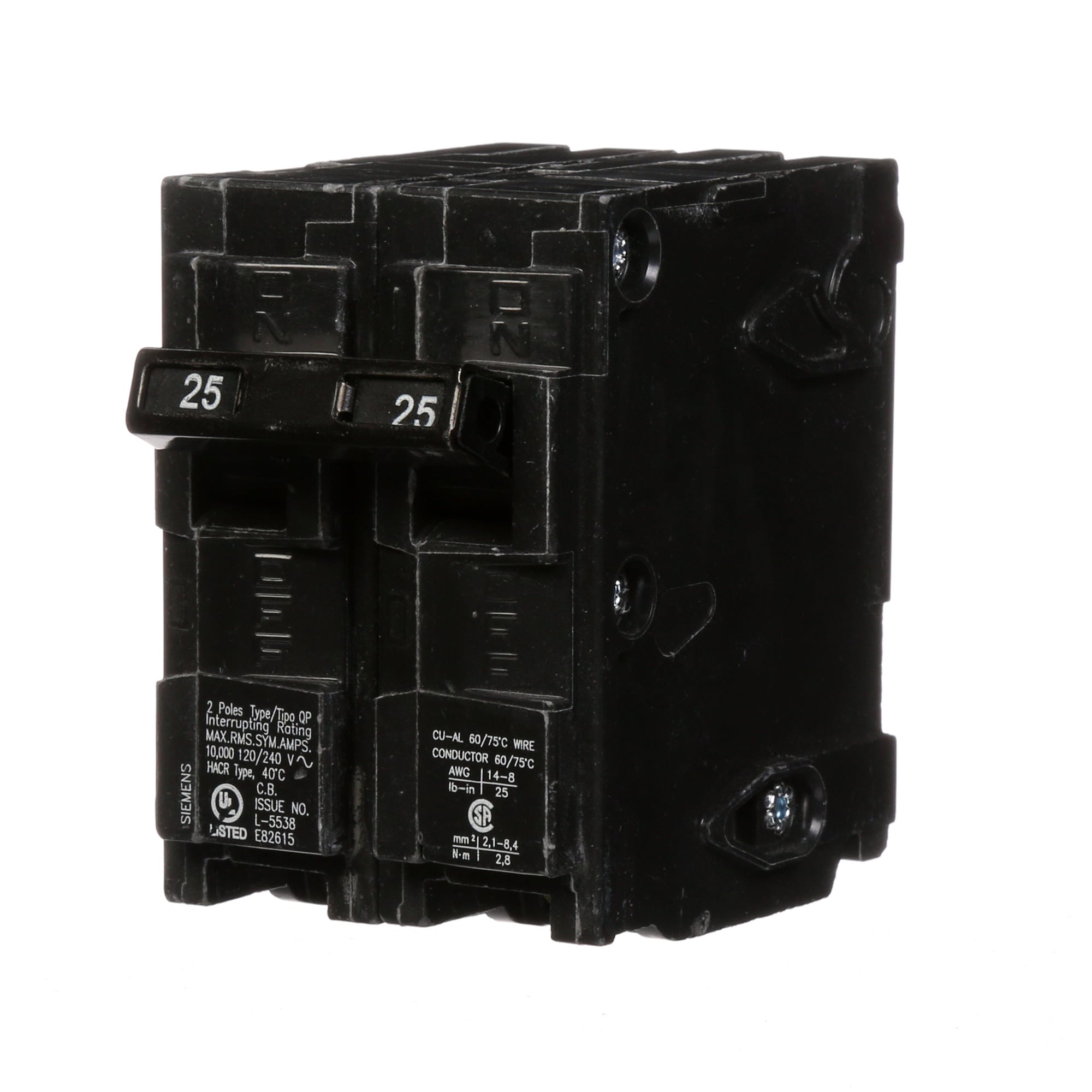  Low Voltage Residential Circuit Breakers Miniature Thermal Mag Circuit Breakers - Type QP/MP, 2-Pole, 120/240VAC are Circuit Protection Load Center Mains, Feeders, and Miniature Circuit Breakers. Type QP/MP Application Electrical Distribution Standard UL 489 Voltage Rating 120/240V Amperage Rating 25A Trip Range Thermal Magnetic Interrupt Rating 10 AIC Number Of Poles 2P