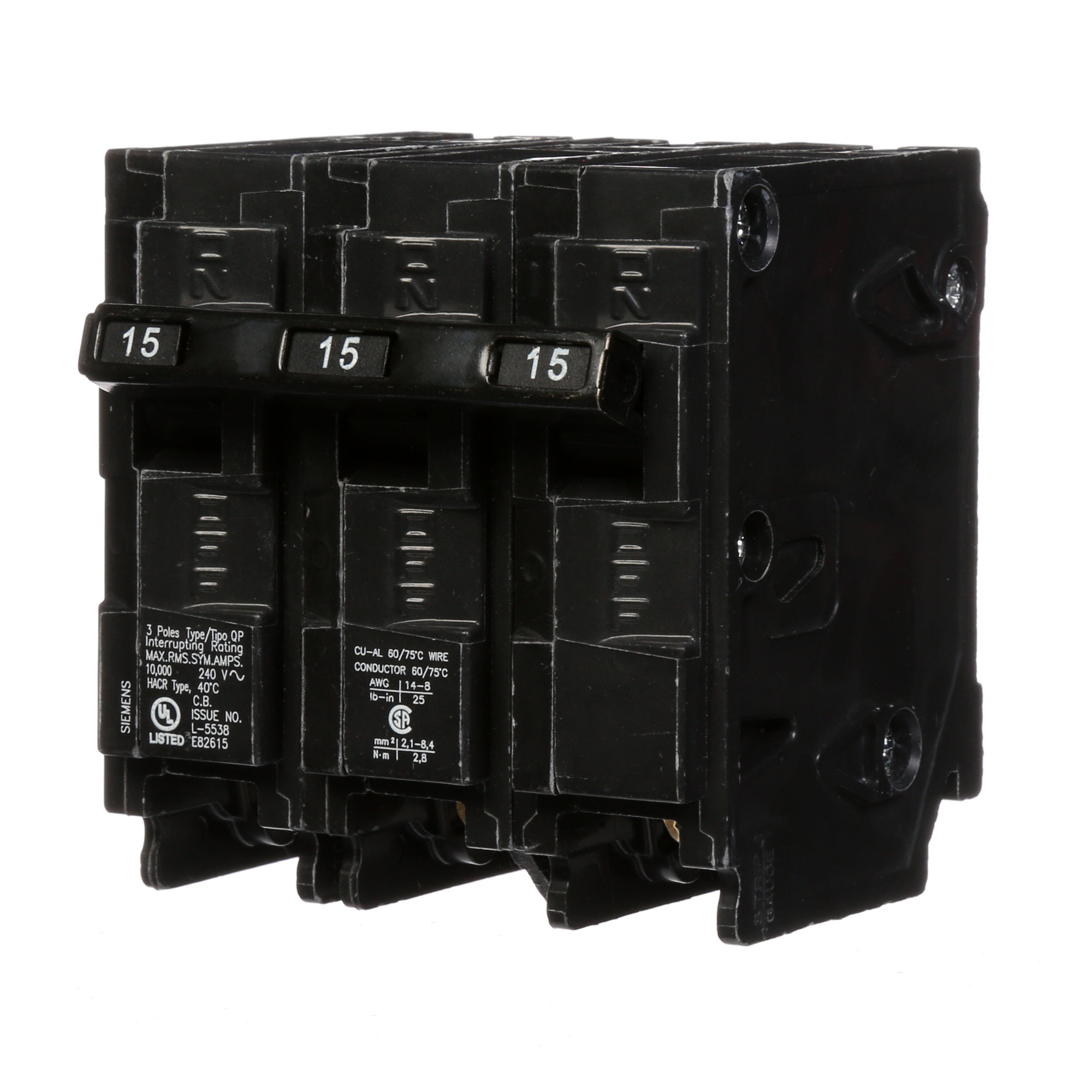  Low Voltage Residential Circuit Breakers Miniature Thermal Mag Circuit Breakers - Type QP/MP, 3-Pole, 240VAC are Circuit Protection Load Center Mains, Feeders, and Miniature Circuit Breakers. Type QP/MP Application Electrical Distribution Standard UL 489 Voltage Rating 240V Amperage Rating 15A Trip Range Thermal Magnetic Interrupt Rating 10 AIC Number Of Poles 3P
