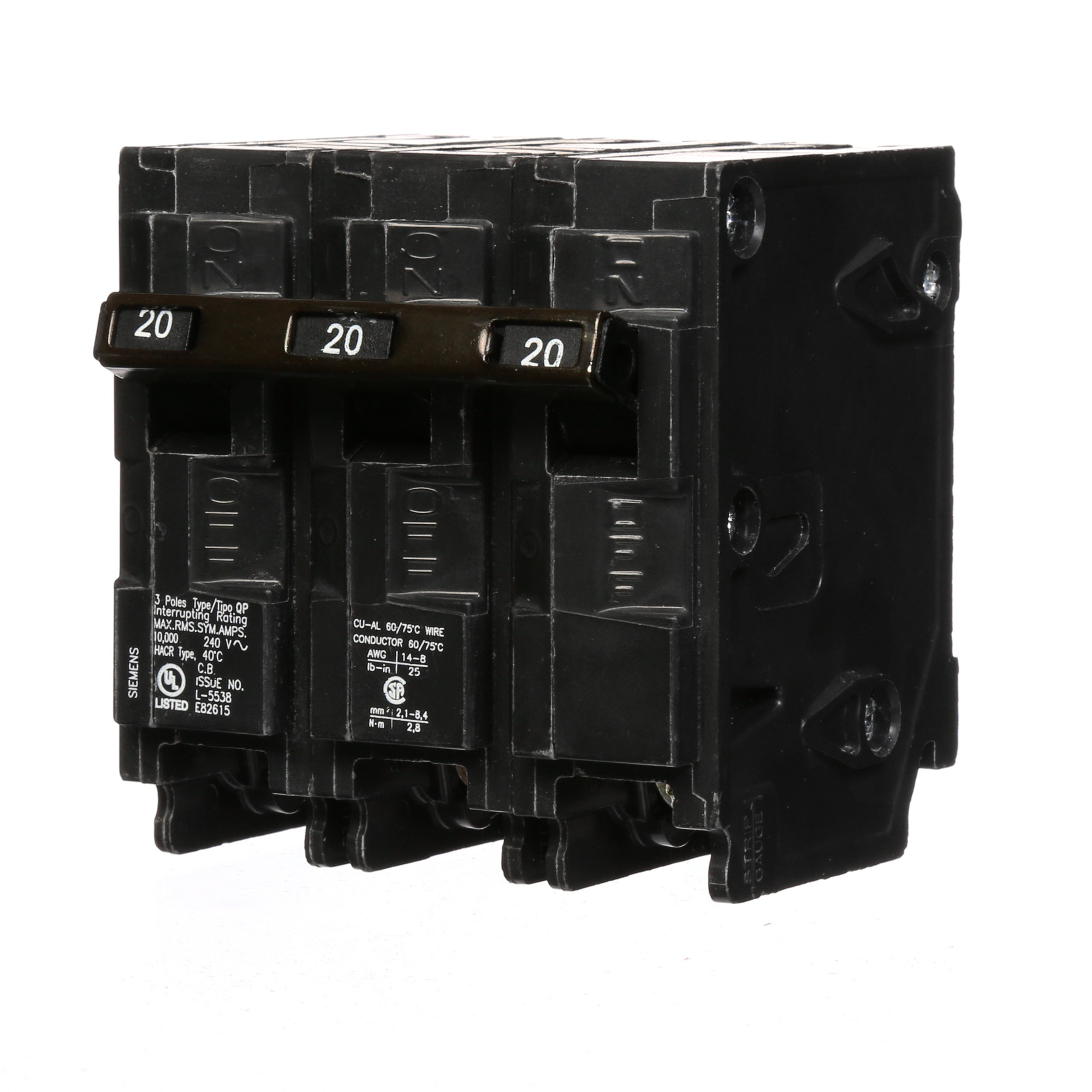  Low Voltage Residential Circuit Breakers Miniature Thermal Mag Circuit Breakers - Type QP/MP, 3-Pole, 240VAC are Circuit Protection Load Center Mains, Feeders, and Miniature Circuit Breakers. Type QP/MP Application Electrical Distribution Standard UL 489 Voltage Rating 240V Amperage Rating 20A Trip Range Thermal Magnetic Interrupt Rating 10 AIC Number Of Poles 3P