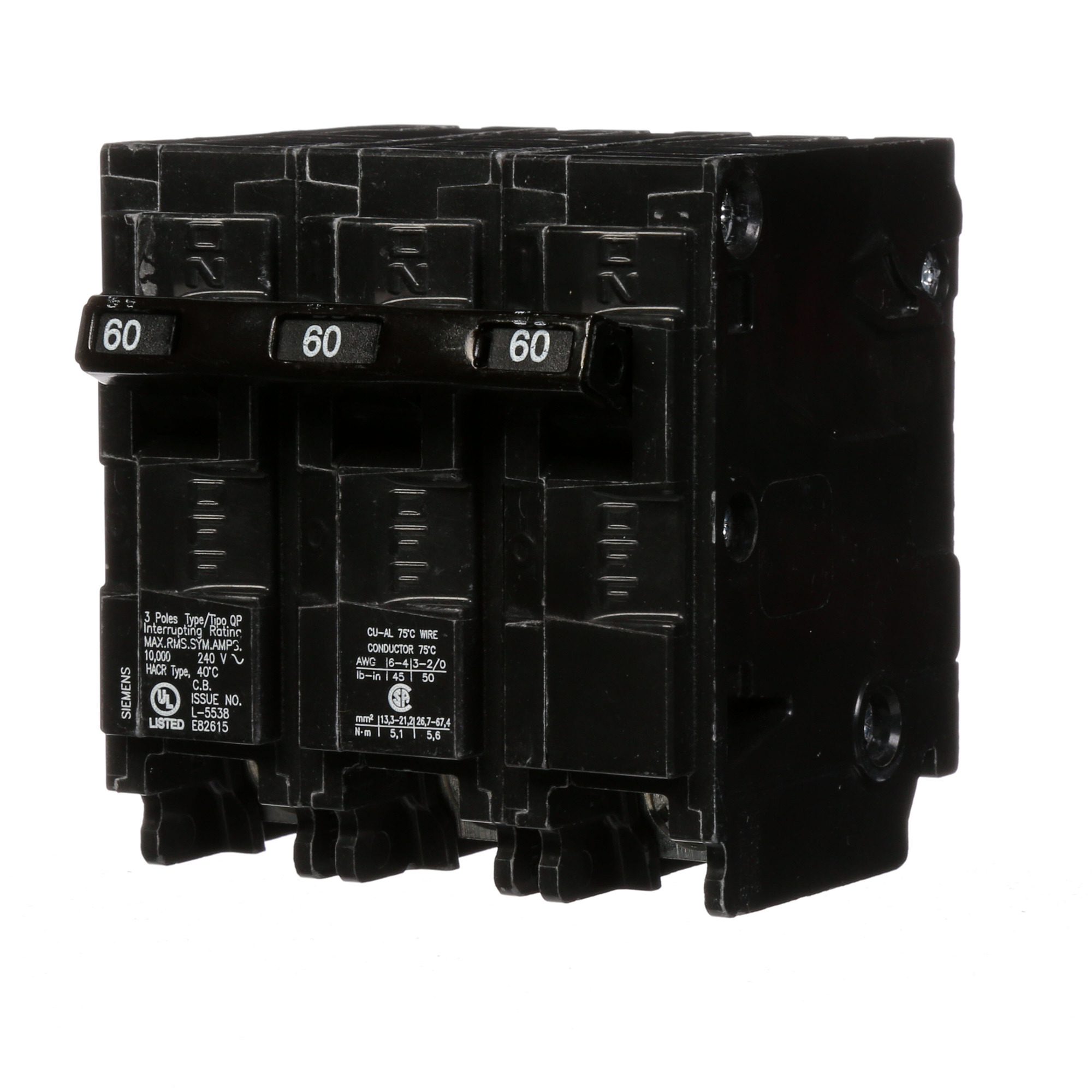  Low Voltage Residential Circuit Breakers Miniature Thermal Mag Circuit Breakers - Type QP/MP, 3-Pole, 240VAC are Circuit Protection Load Center Mains, Feeders, and Miniature Circuit Breakers. Type QP/MP Application Electrical Distribution Standard UL 489 Voltage Rating 240V Amperage Rating 60A Trip Range Thermal Magnetic Interrupt Rating 10 AIC Number Of Poles 3P