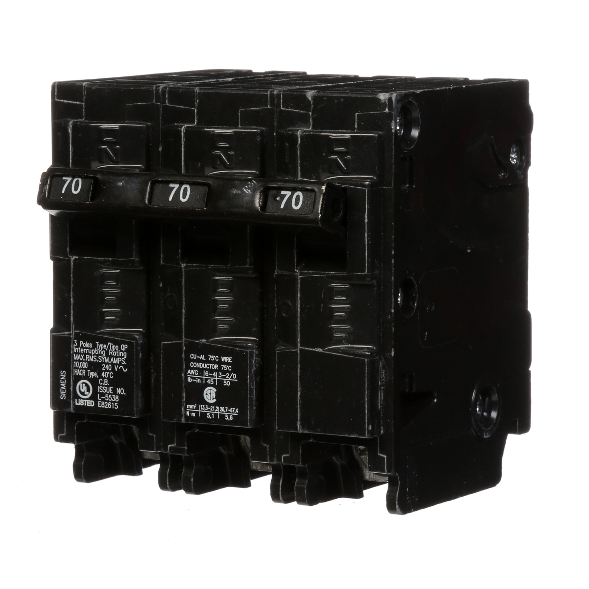  Low Voltage Residential Circuit Breakers Miniature Thermal Mag Circuit Breakers - Type QP/MP, 3-Pole, 240VAC are Circuit Protection Load Center Mains, Feeders, and Miniature Circuit Breakers. Type QP/MP Application Electrical Distribution Standard UL 489 Voltage Rating 240V Amperage Rating 70A Trip Range Thermal Magnetic Interrupt Rating 10 AIC Number Of Poles 3P