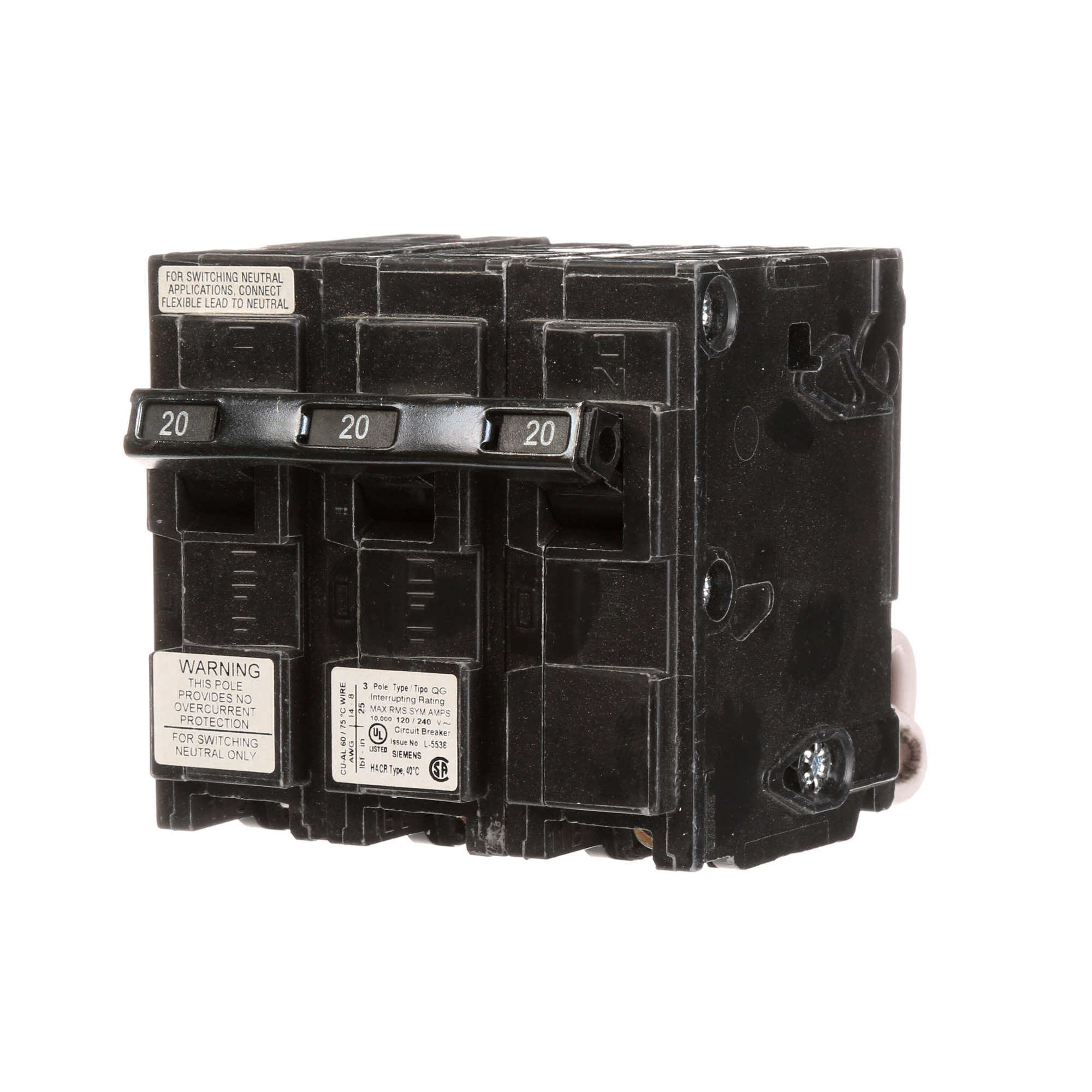  Low Voltage Residential Circuit Breakers Miniature Thermal Mag Circuit Breakers - Special App are Circuit Protection Load Center Mains, Feeders, and Miniature Circuit Breakers. Type QG Special Features Switching Neutral ApplicationElectrical Distribution Standard UL 489 Voltage Rating 120/240V Amperage Rating20A Trip Range Thermal Magnetic Number Of Poles 3P