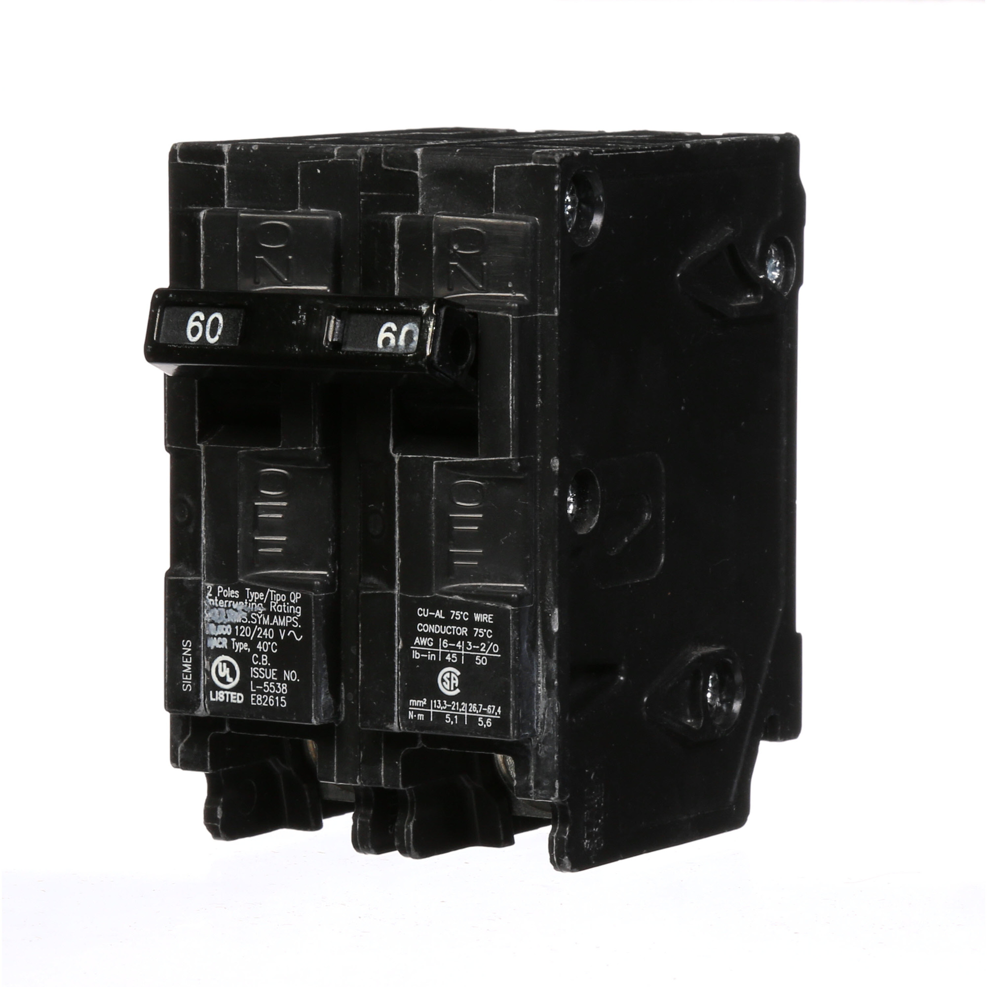  Low Voltage Residential Circuit Breakers Miniature Thermal Mag Circuit Breakers - Type QP/MP, 2-Pole, 120/240VAC are Circuit Protection Load Center Mains, Feeders, and Miniature Circuit Breakers. Type QP/MP Application Electrical Distribution Standard UL 489 Voltage Rating 120/240V Amperage Rating 60A Trip Range Thermal Magnetic Interrupt Rating 10 AIC Number Of Poles 2P