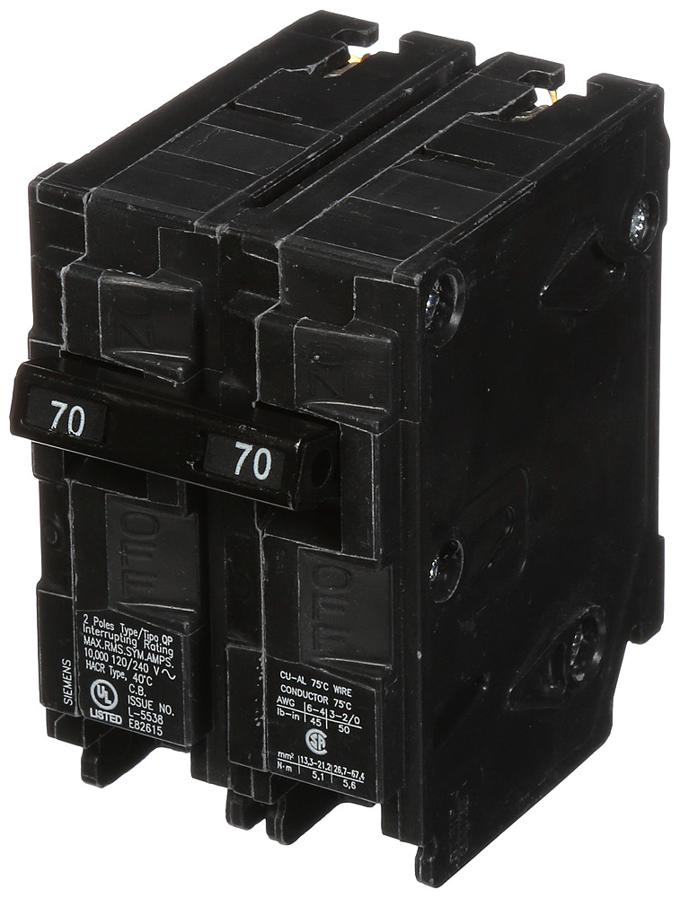  Low Voltage Residential Circuit Breakers Miniature Thermal Mag Circuit Breakers - Type QP/MP, 2-Pole, 120/240VAC are Circuit Protection Load Center Mains, Feeders, and Miniature Circuit Breakers. Type QP/MP Application Electrical Distribution Standard UL 489 Voltage Rating 120/240V Amperage Rating 70A Trip Range Thermal Magnetic Interrupt Rating 10 AIC Number Of Poles 2P