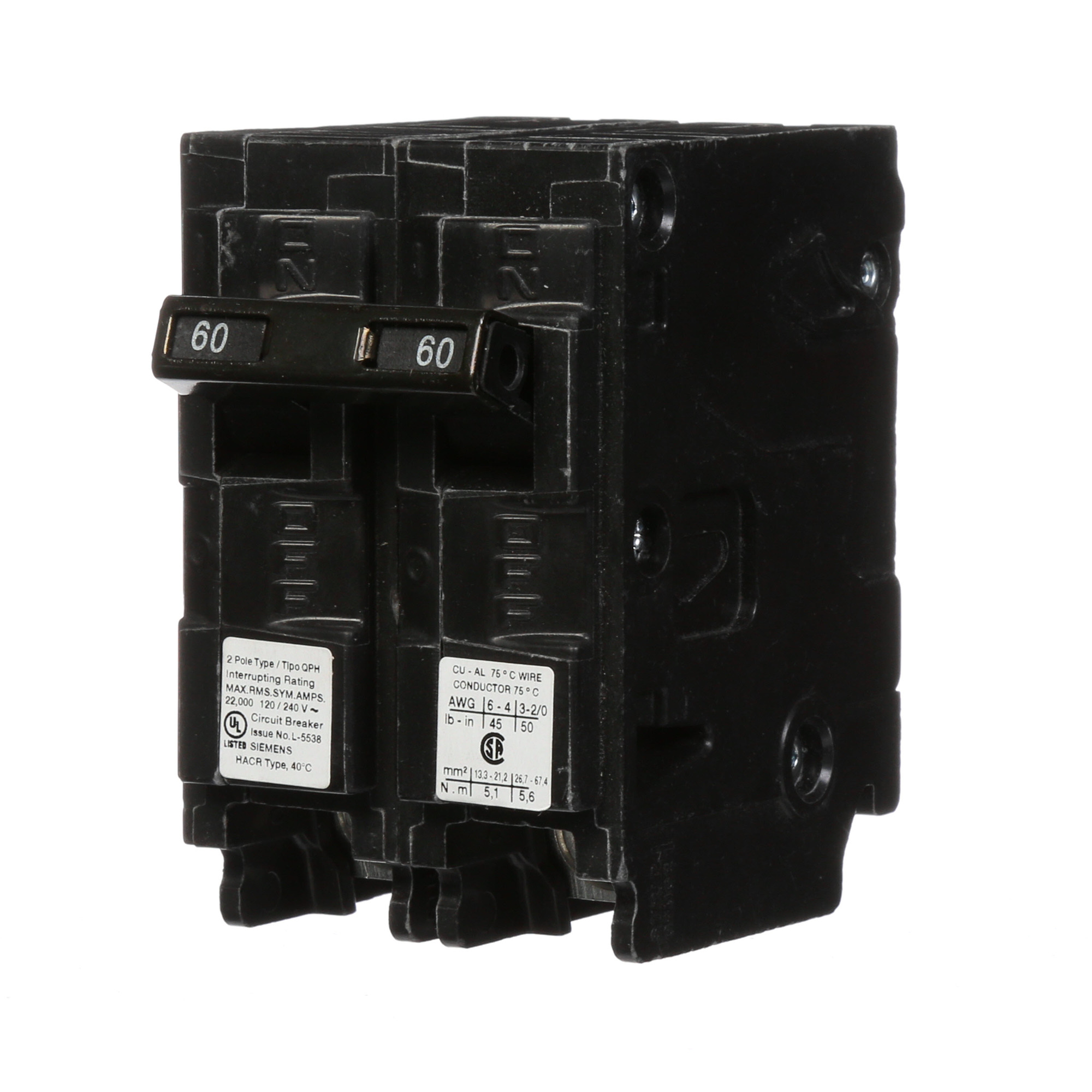  Low Voltage Residential Circuit Breakers Miniature Thermal Mag Circuit Breakers - Type QP/MP, 2-Pole, 120/240VAC are Circuit Protection Load Center Mains, Feeders, and Miniature Circuit Breakers. Type QP/MP Application Electrical Distribution Standard UL 489 Voltage Rating 120/240V Amperage Rating 60A Trip Range Thermal Magnetic Interrupt Rating 22 AIC Number Of Poles 2P