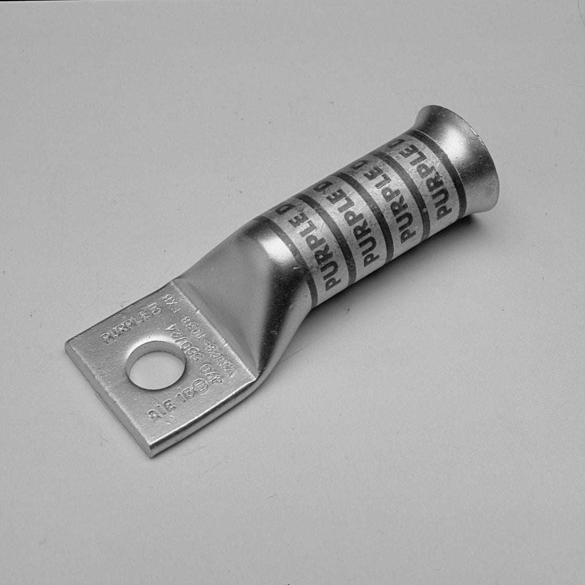 4/0 Flex G,H,I,K,M,DLO, 4/0 AWG CU, One Hole, 1/2 Stud Size, Long Barrel, Bell End, Tin Plated, UL/CSA, 90?C, Up to 35kV, Purple Color Code, 15 Die Index.