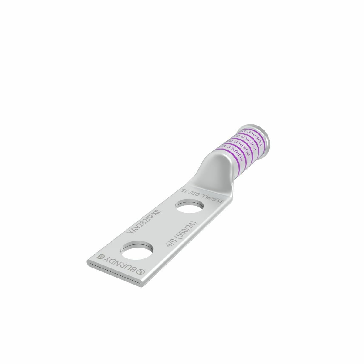 4/0 Flex G,H,I,K,M,DLO, 4/0 AWG CU, Two Hole, 1/2 Stud Size, 1-3/4 Hole Spacing, Long Barrel, Bell End, Tin Plated, UL/CSA, 90?C, Up to 35kV, Purple Color Code, 15 Die Index.