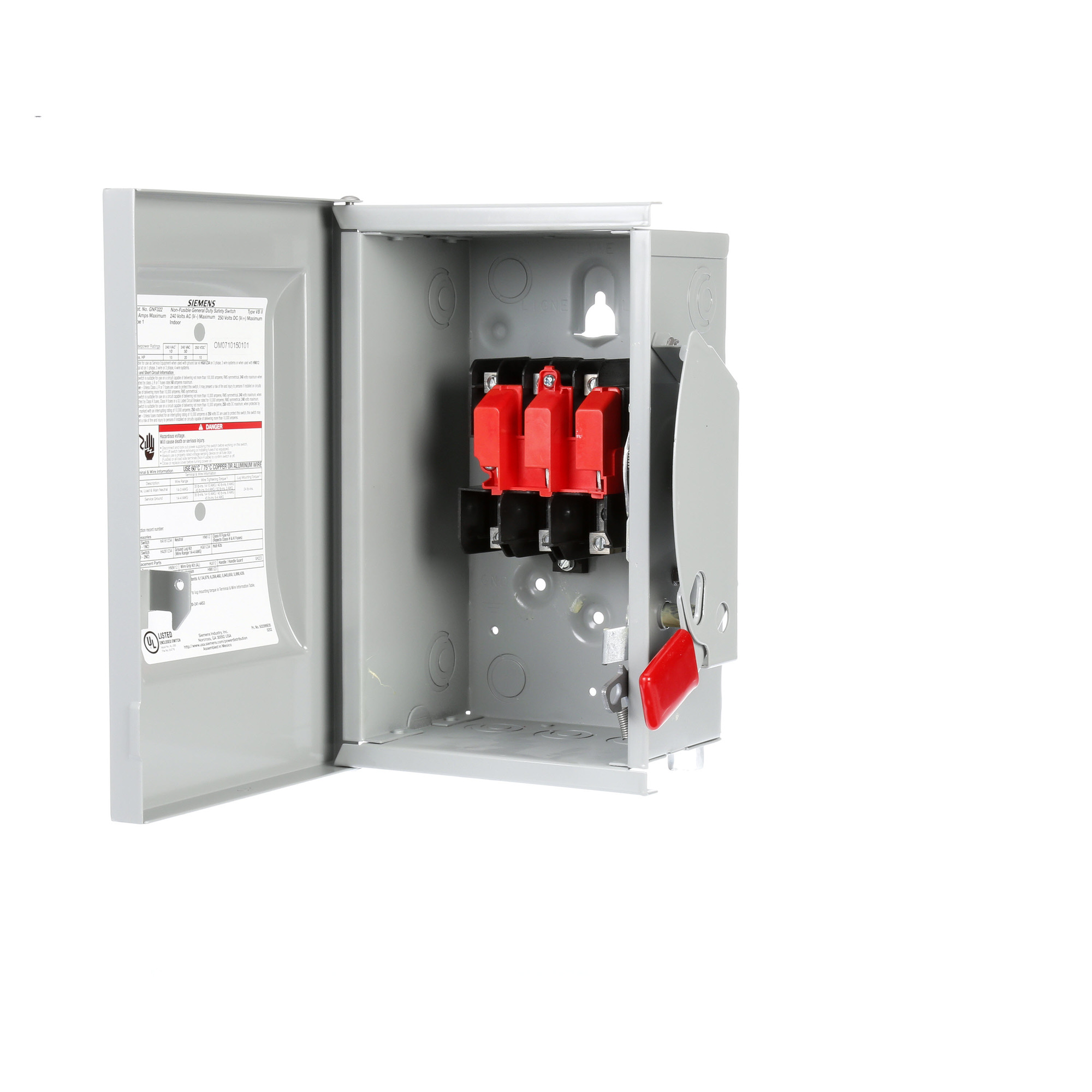  Low Voltage Circuit Protection General Duty Safety Switch. 2-Pole or 3-Pole Non-Fused in a type 1 enclosure (indoor). Rated 240VAC (60A). Horse power 1-PH 2-W (10), 3-PH 3-W (15), 250VDC (10). Special features service entrance labeled suitable for 3-PH motor loads.