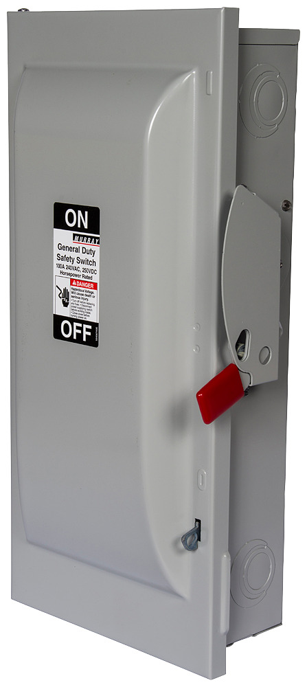  Low Voltage Circuit Protection General Duty Safety Switch. 2-Pole or 3-Pole Non-Fused in a type 1 enclosure (indoor). Rated 240VAC (100A). Horse power 1-PH 2-W (15), 3-PH 3-W (30), 250VDC (20). Special features service entrance labeled suitable for 3-PH motor loads.