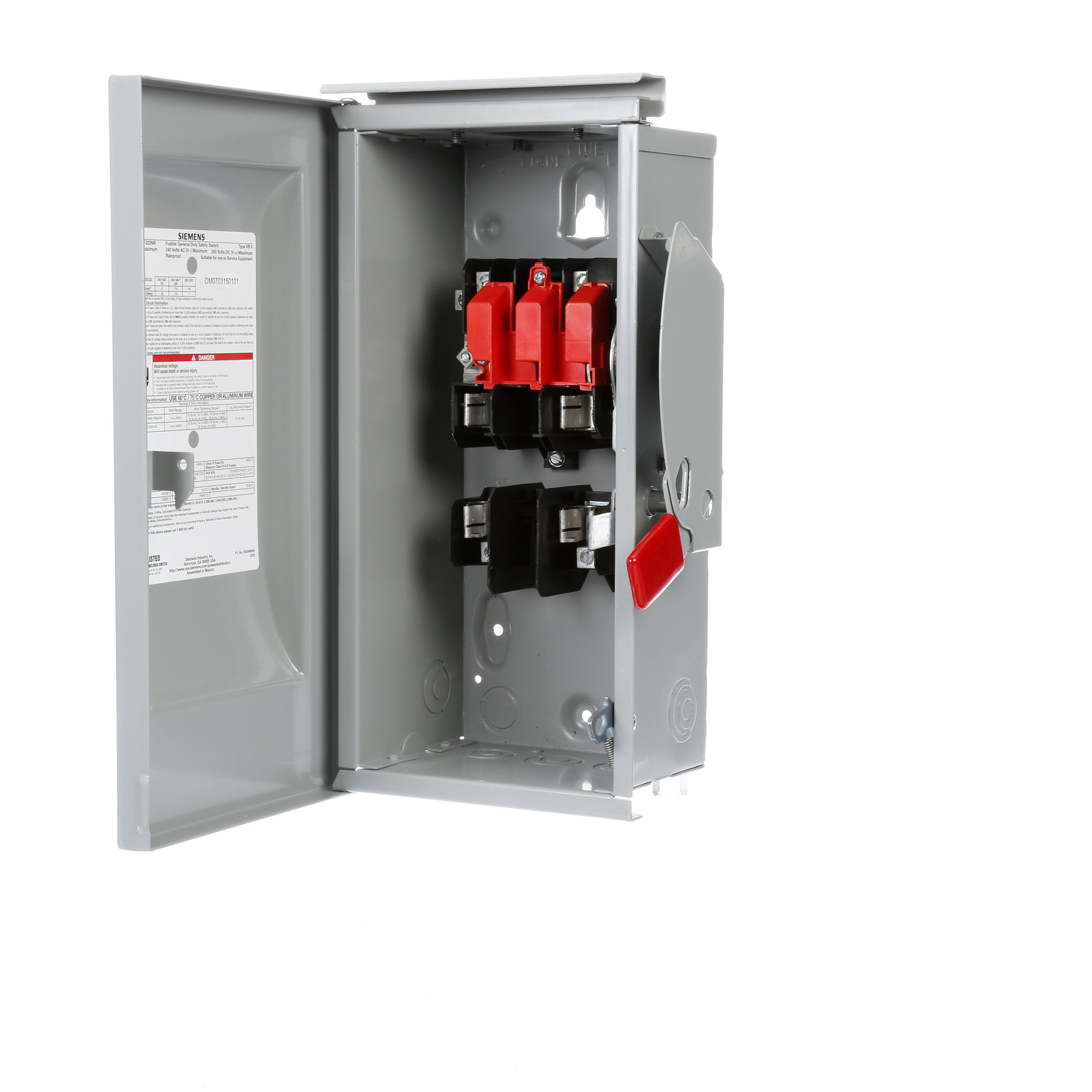  Low Voltage Circuit Protection General Duty Safety Switch. 2-Pole 2-Fuse and solid neutral Fused in a type 3R enclosure (outdoor). Rated 240VAC (60A). Horse power (Std, Time delay) fused 1-PH 2-W (3, 10), 3-PH 3-W (7-1/2, 15), 250VDC (10). Special features service entrance labeled suitable for 3-PH motor loads.