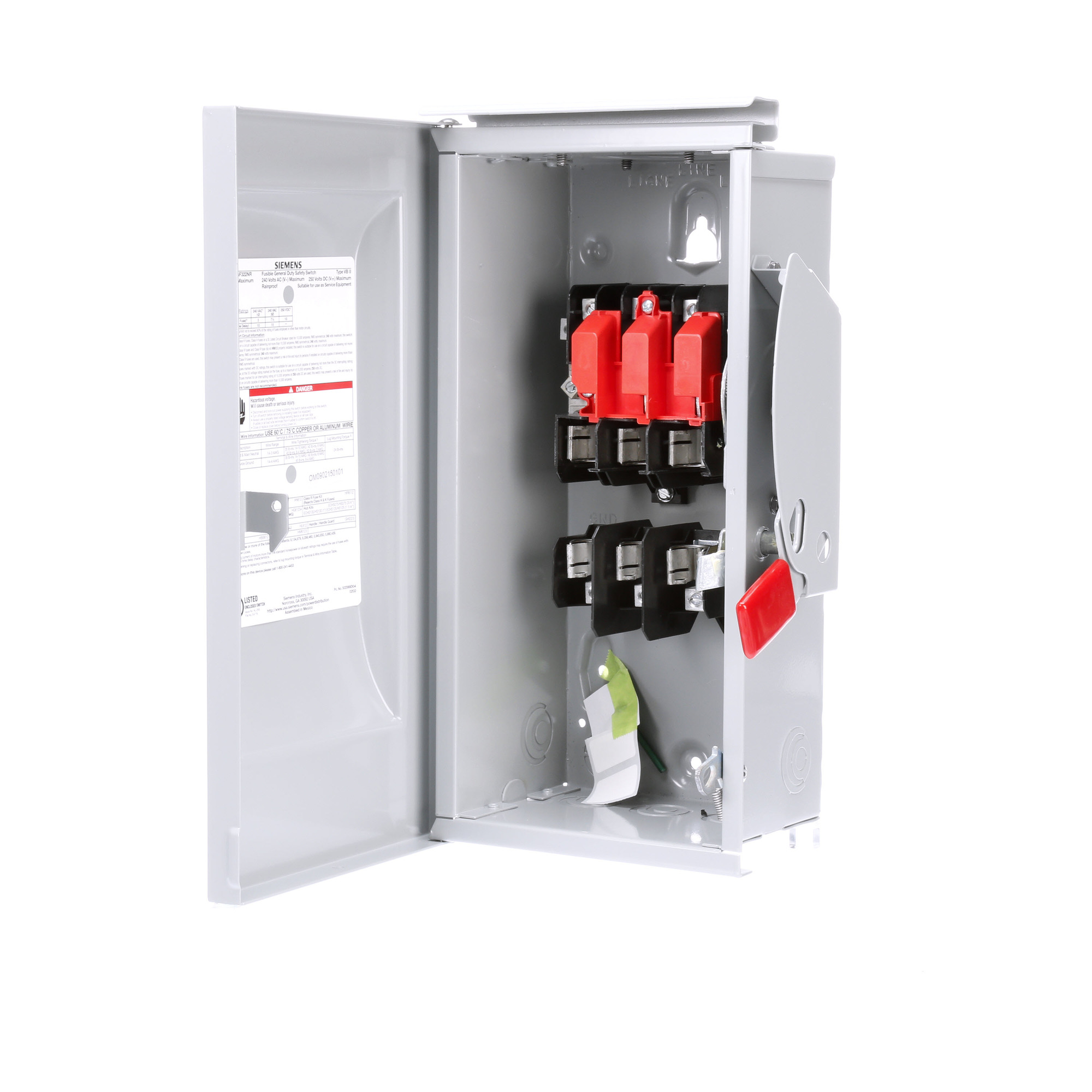 Low Voltage Circuit Protection General Duty Safety Switch. 3-Pole 3-Fuse and solid neutral Fused in a type 3R enclosure (outdoor). Rated 240VAC (60A). Horse power (Std, Time delay) fused 1-PH 2-W (3, 10), 3-PH 3-W (7-1/2, 15), 250VDC (10). Special features service entrance labeled .