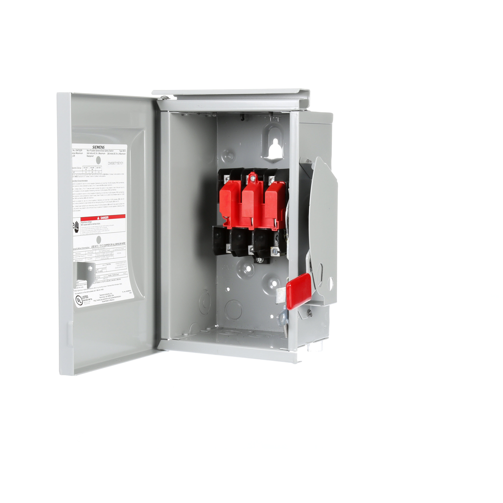 Siemens Low Voltage Circuit Protection General Duty Safety Switch. 2-Pole or 3-Pole Non-Fused in a type 3R enclosure (outdoor). Rated 240VAC (60A). Horse power1-PH 2-W (10), 3-PH 3-W (15), 250VDC (10). Special features service entrance labeled suitable for 3-PH motor loads.