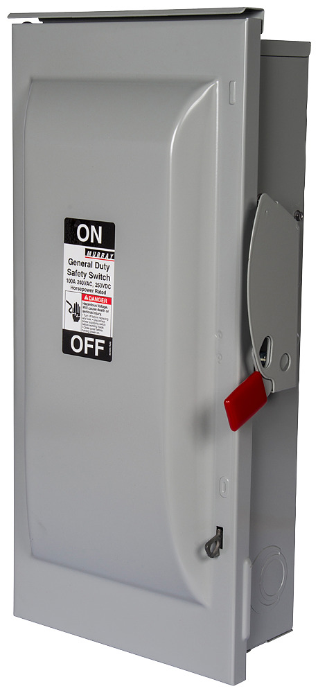  Low Voltage Circuit Protection General Duty Safety Switch. 2-Pole or 3-Pole Non-Fused in a type 3R enclosure (outdoor). Rated 240VAC (100A). Horse power 1-PH 2-W (15), 3-PH 3-W (30), 250VDC (20). Special features service entrance labeled suitable for 3-PH motor loads.