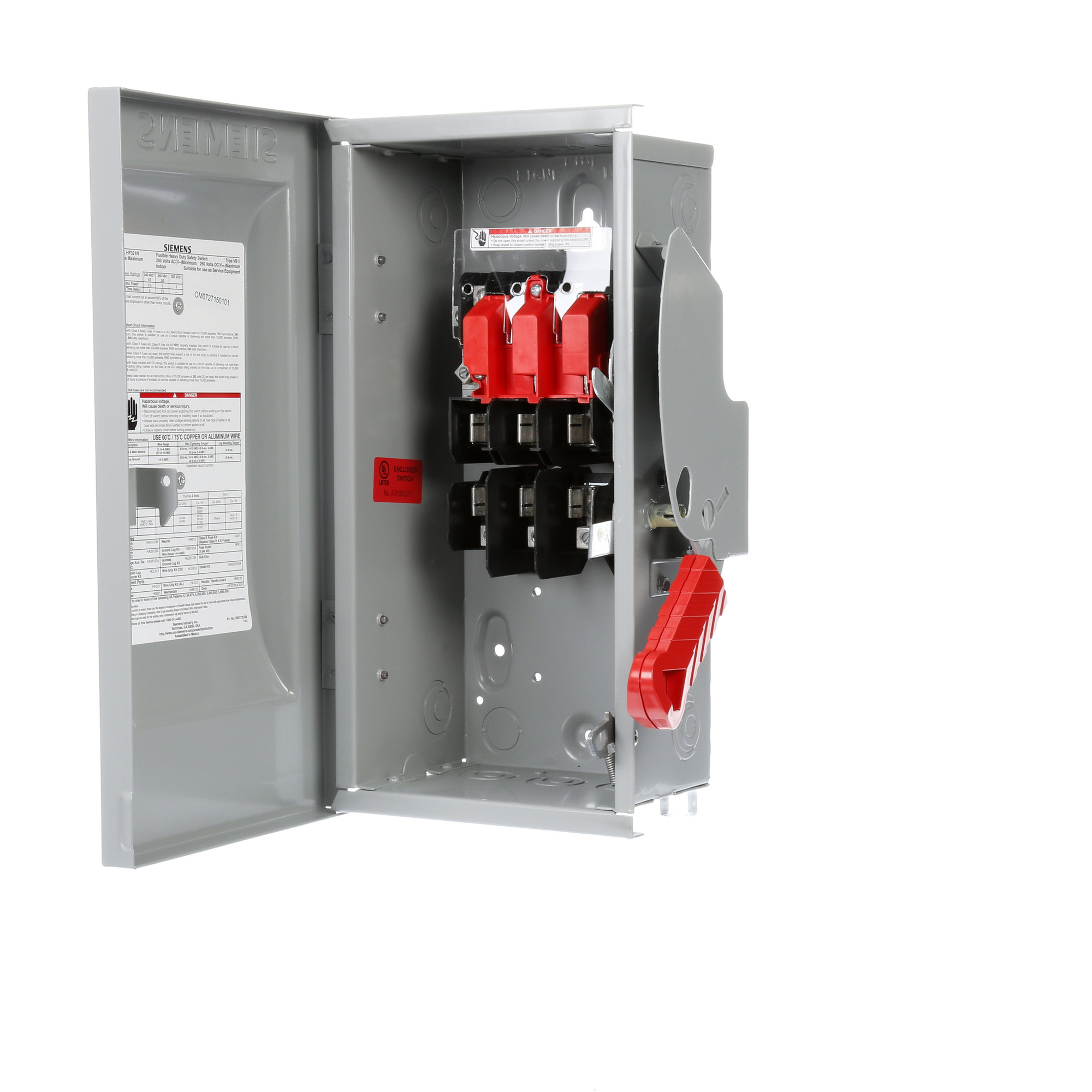 Low Voltage Circuit Protection Heavy Duty Safety Switch. 3-Pole 3-Fuse and solid neutral Fused in a type 1 enclosure (indoor). Rated 240VAC (30A).