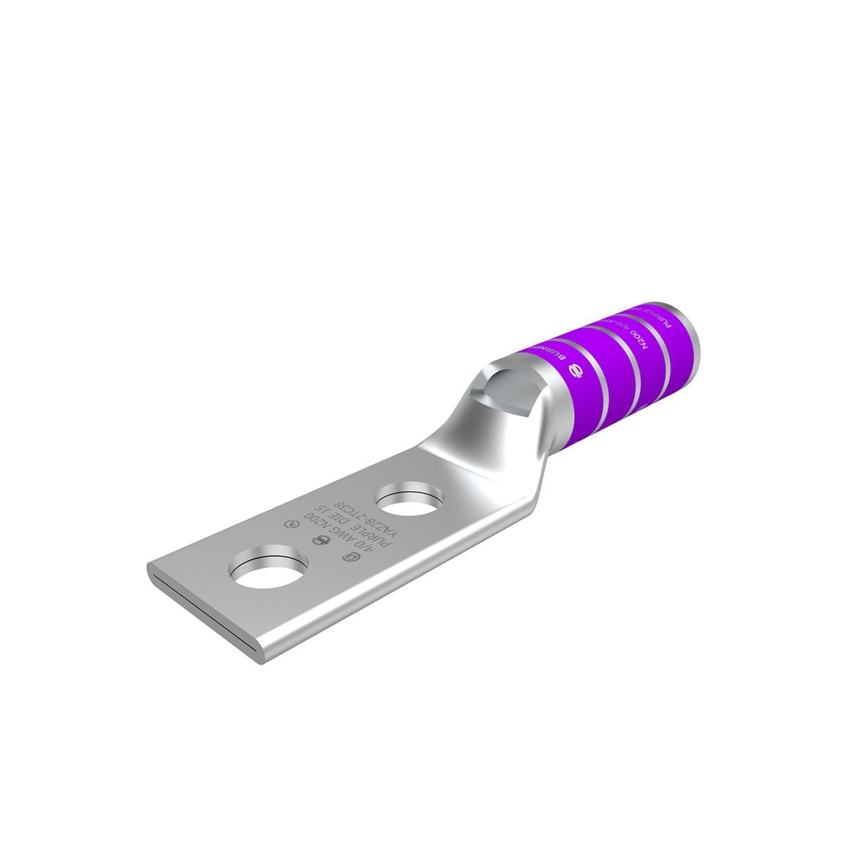 4/0 AWG CU, Two Hole, 3/8 Stud Size, 1 Hole Spacing, Long Barrel, Inspection Window Internal Chamfer, Tin Plated, UL/CSA, 90?C, Up to 35kV, Purple Color Code, 15 Die Index.