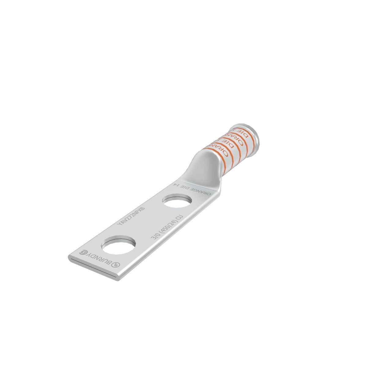 3/0 Flex G,H,I,K,M,DLO, 3/0 AWG CU, Two Hole, 1/2 Stud Size, 1-3/4 Hole Spacing, Long Barrel, Bell End, Tin Plated, UL/CSA, 90?C, Up to 35kV, Orange Color Code, 14 Die Index.
