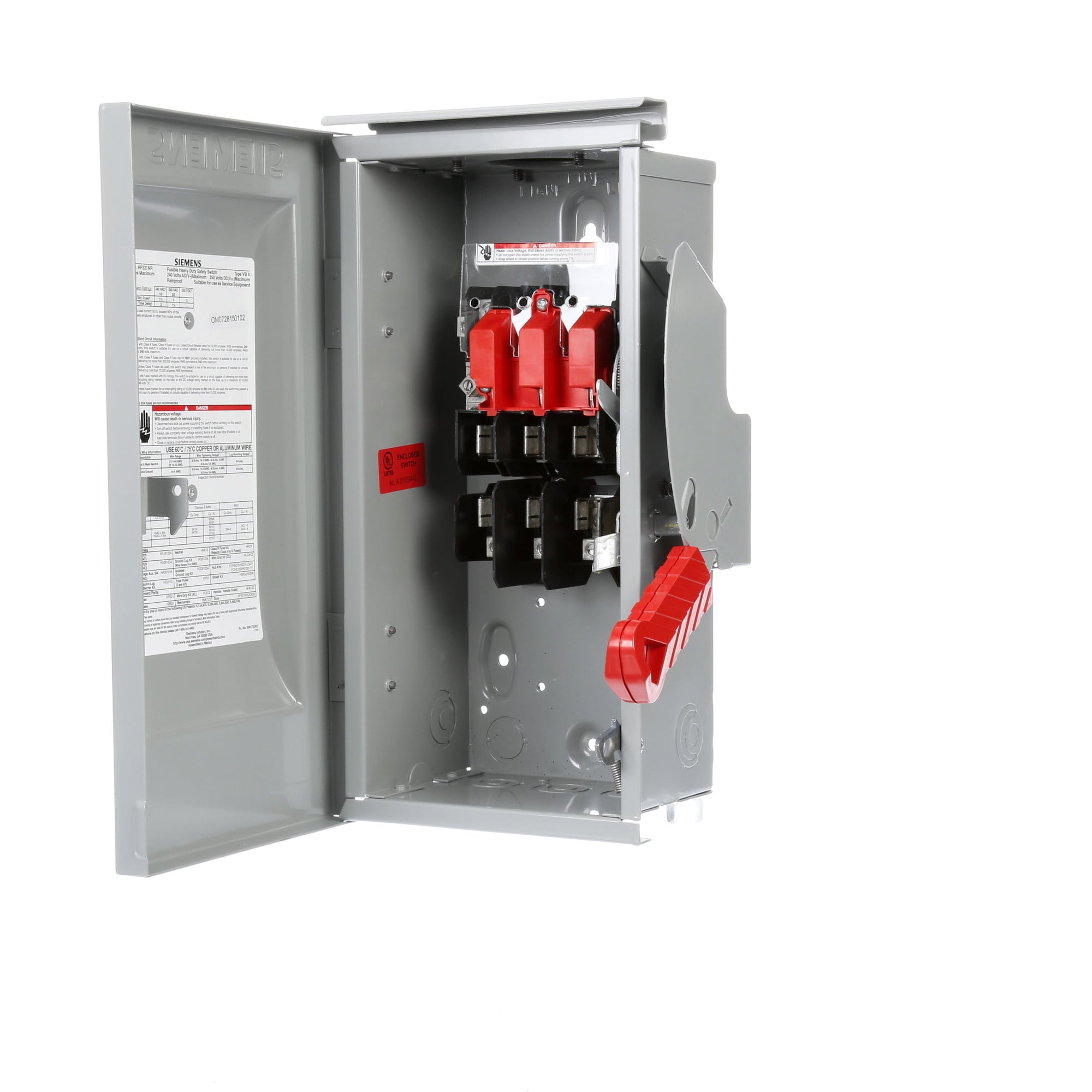  Low Voltage Circuit Protection Heavy Duty Safety Switch. 3-Pole 3-Fuse and solid neutral Fused in a type 3R enclosure (outdoor). Rated 240VAC (30A).